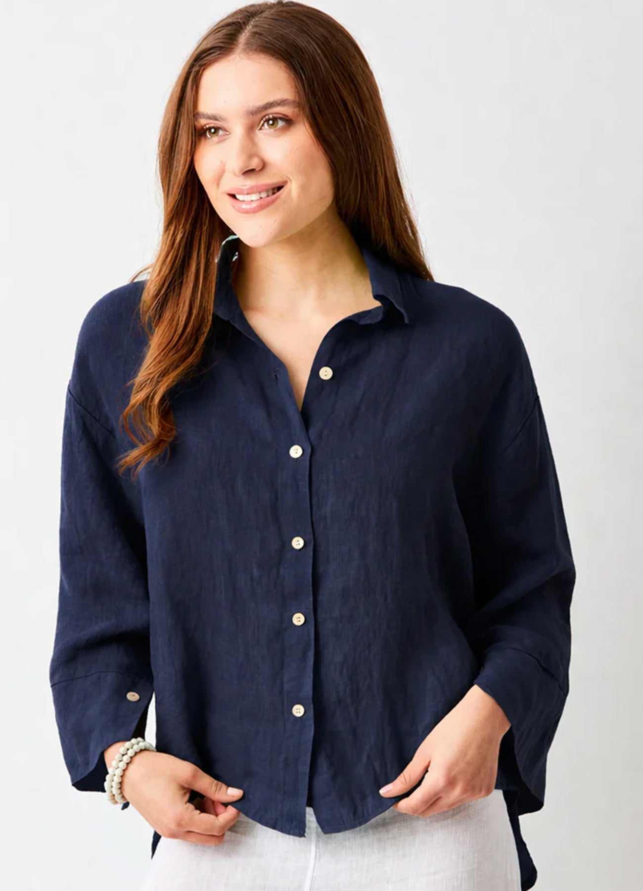 Lago Hi Lo Linen Shirt With Wide Sleeves : Navy