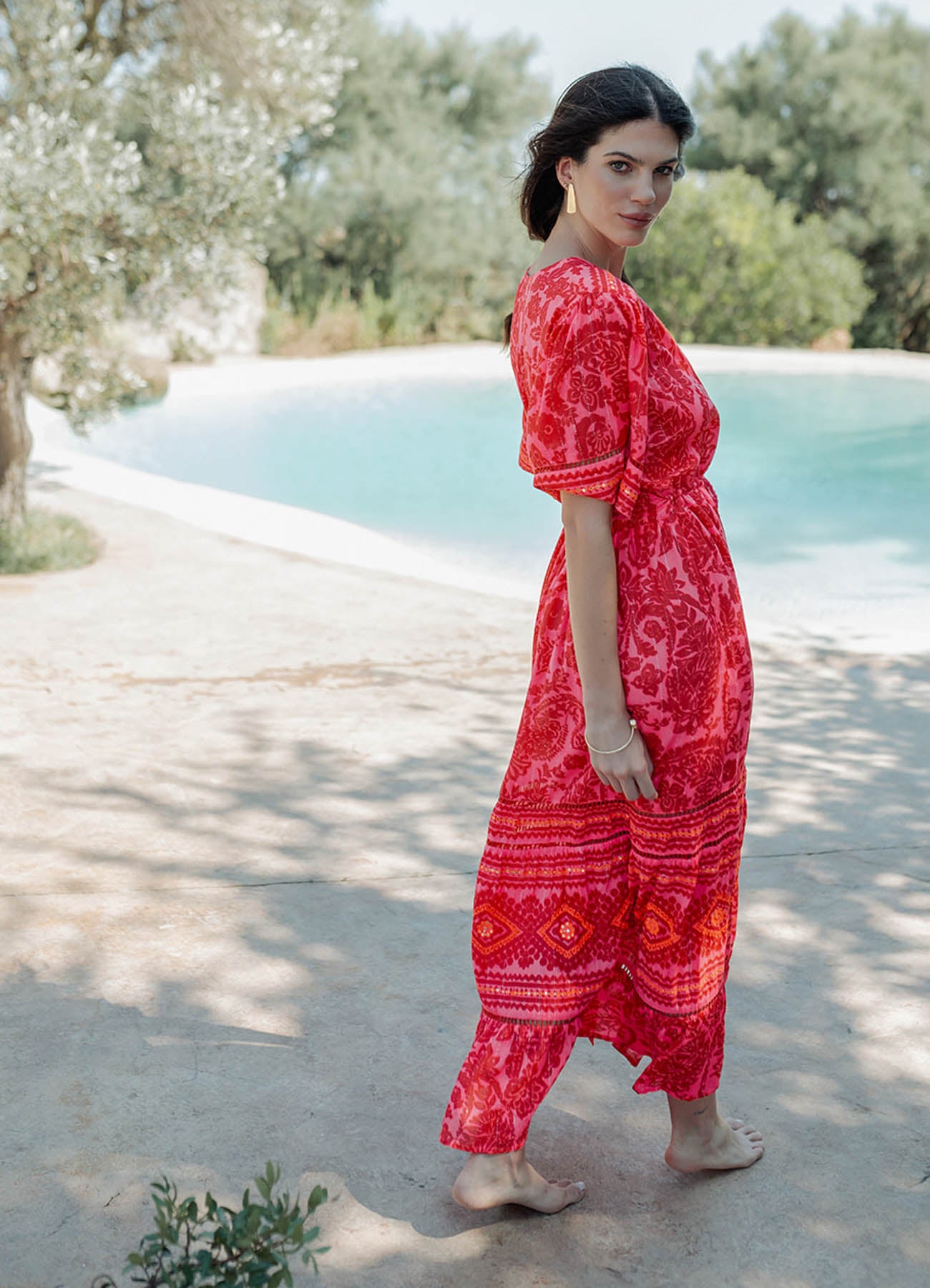 Short Sleeves Long Dress : Fucxia