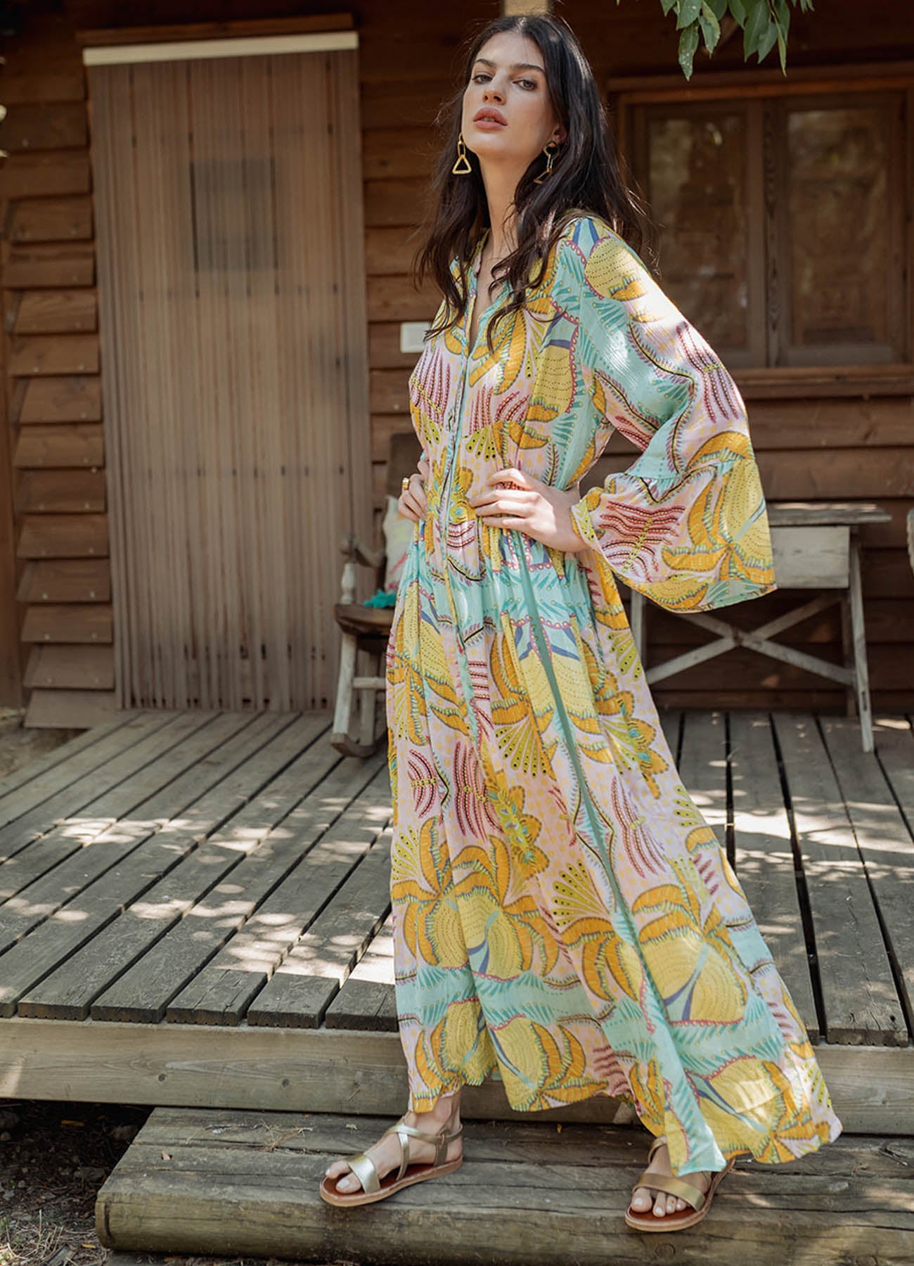 Long Sleeves Long Dress : Multicolor