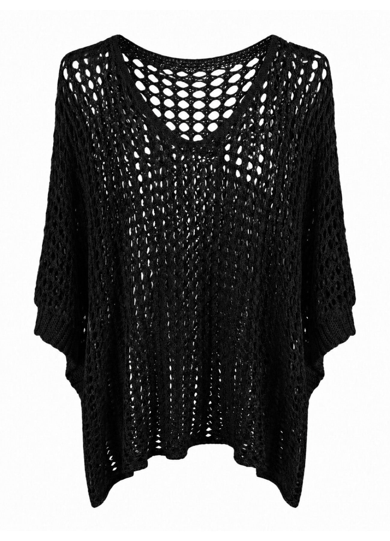 Fenella Open Weave Long V-Neck Knit Sweater : Black