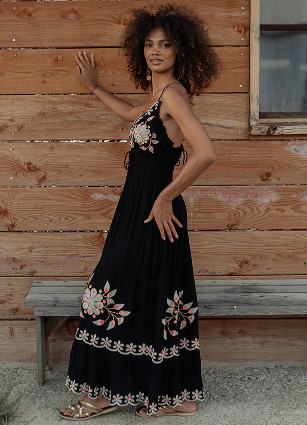 Embroidered Straps Long Dress : Black