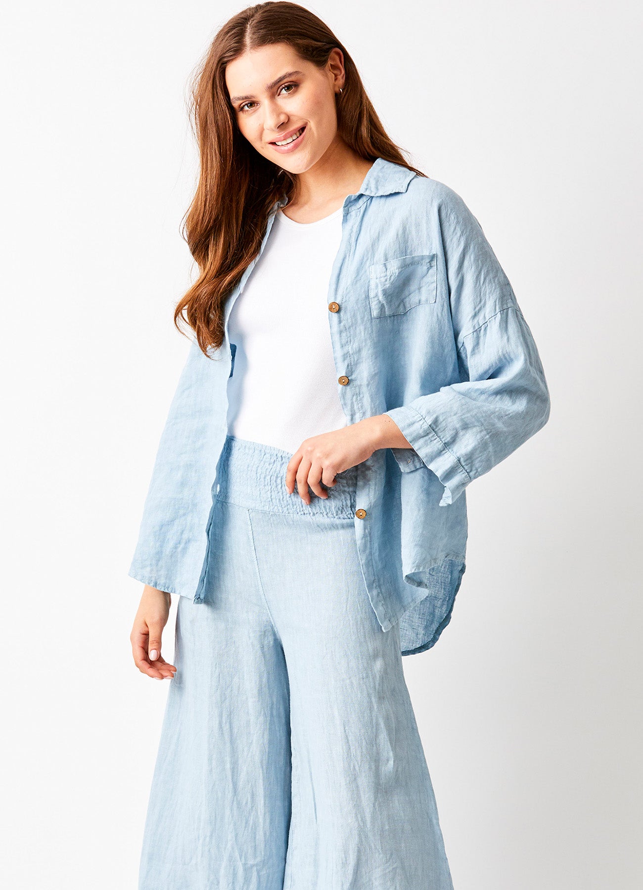 Seraphina Linen Wide Pants With Shirred Waistband : Cloud Blue