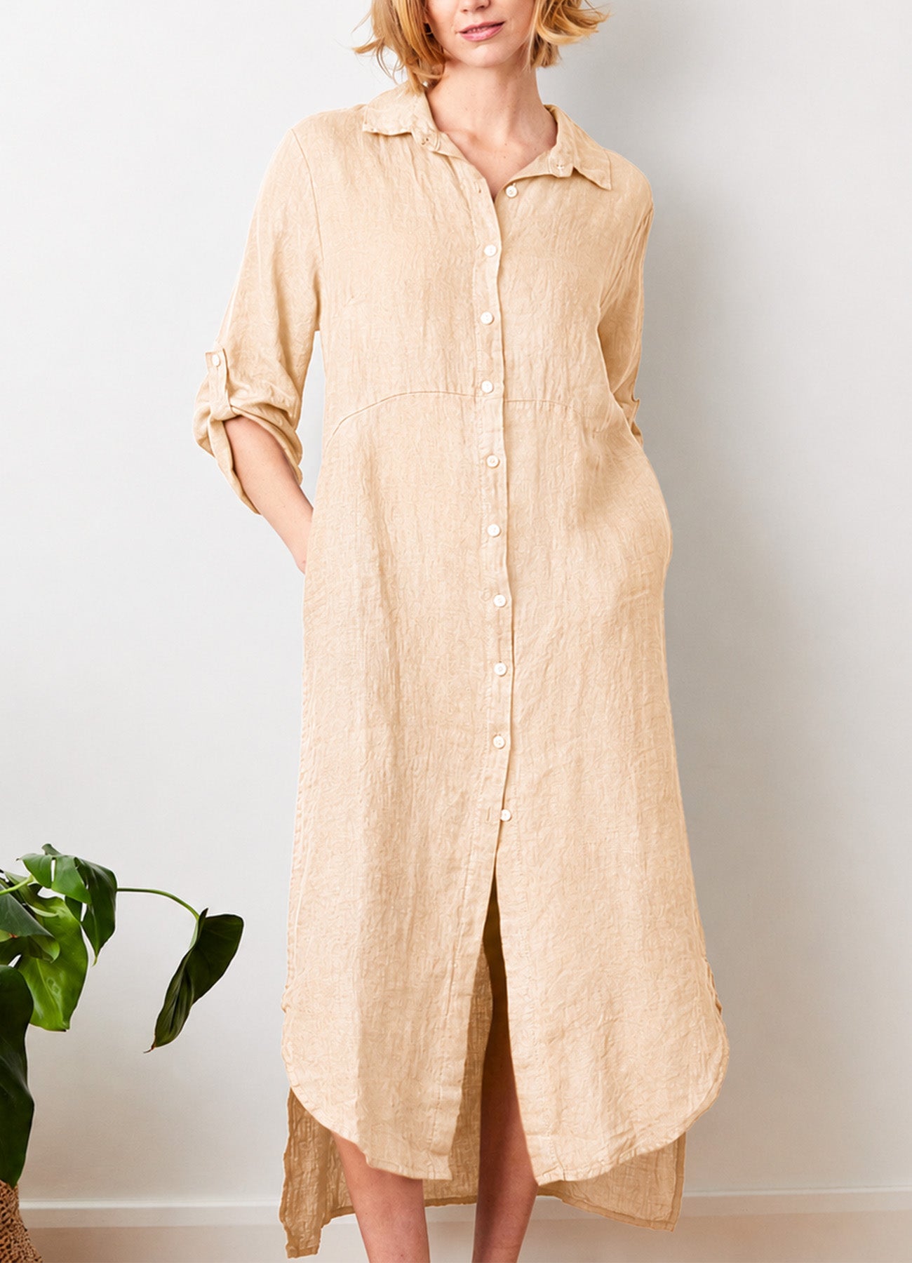 Larino Linen Long Button Thru Dress : Acorn