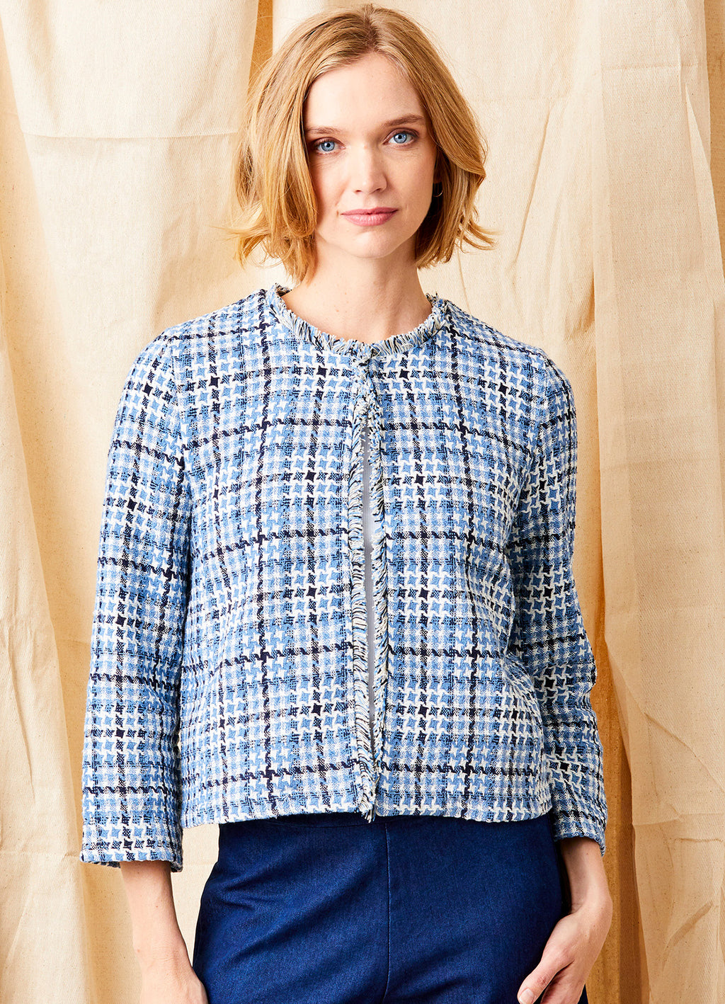 Jorge Short Frayed Trim Jacket : Blue Mix