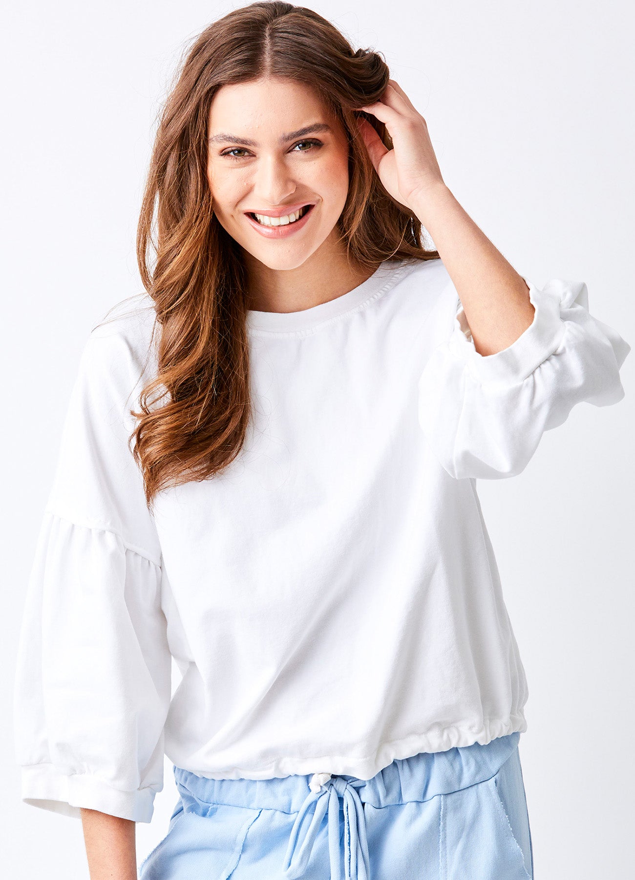 Bo Bubble Sleeve Sweat With Drawstring Hem : White