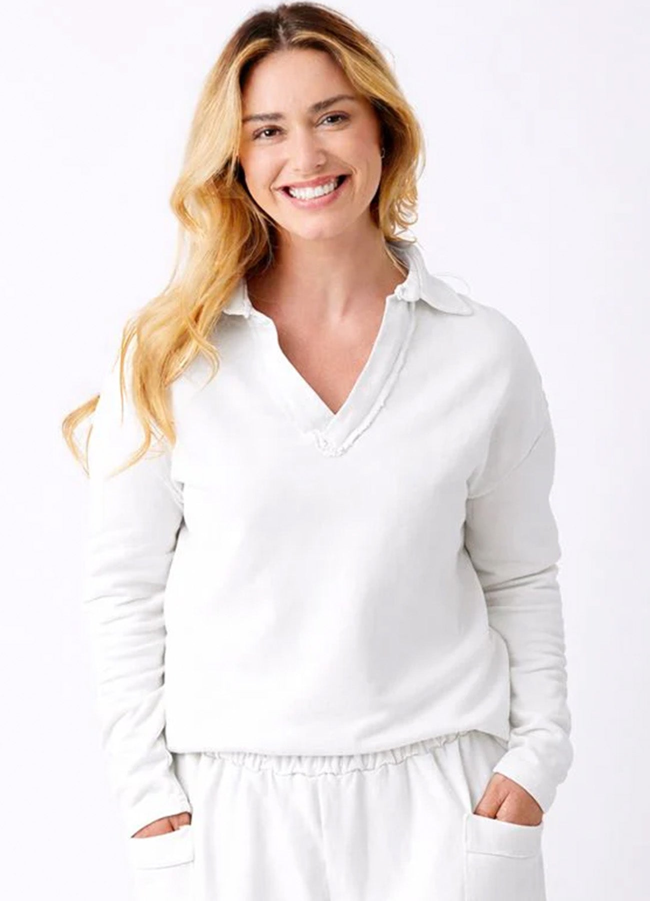 Whisper Raw Edge Open Collar Sweatshirt : White