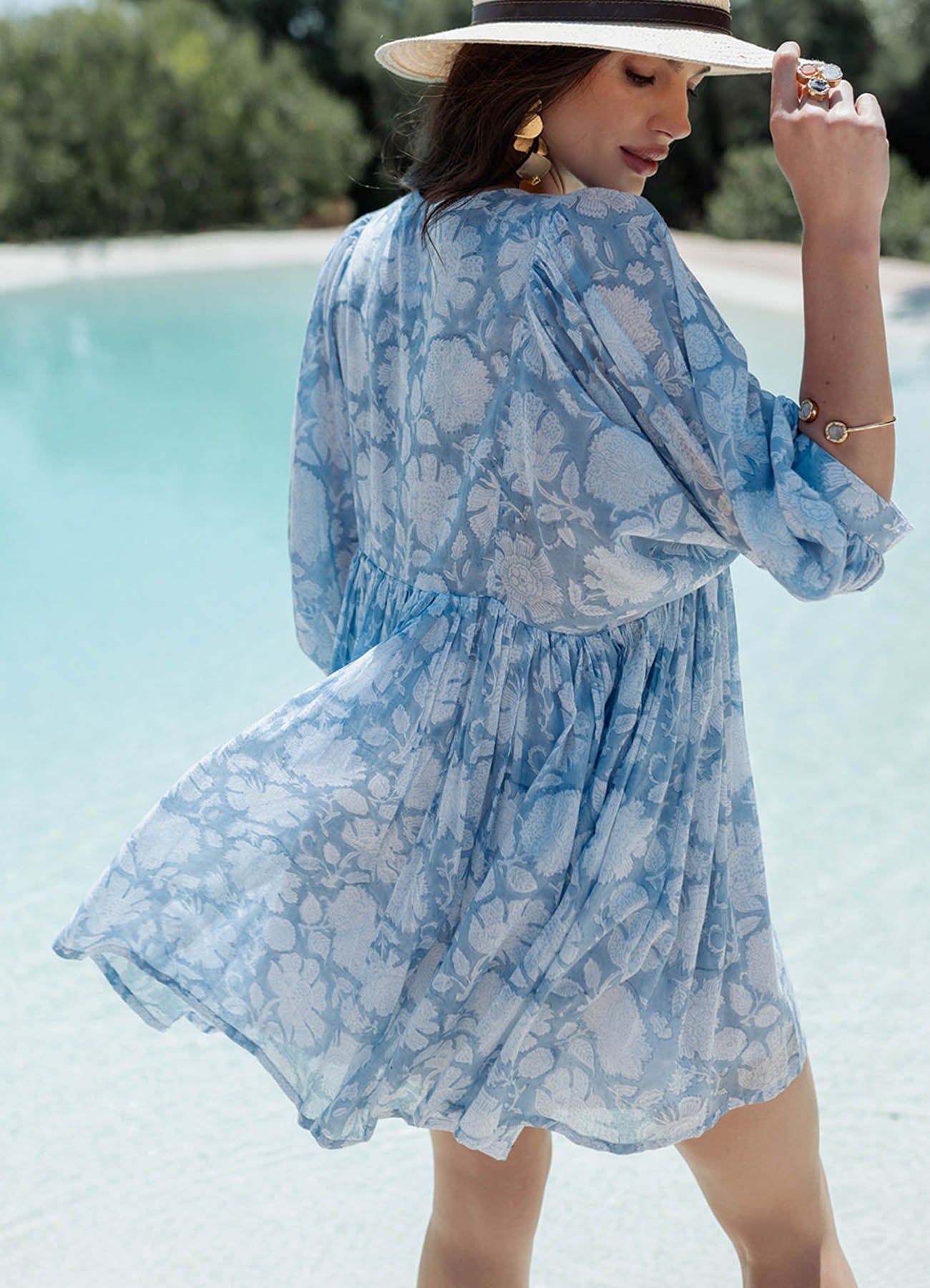 Long Sleeves Short Dress Organic Cotton : Blue