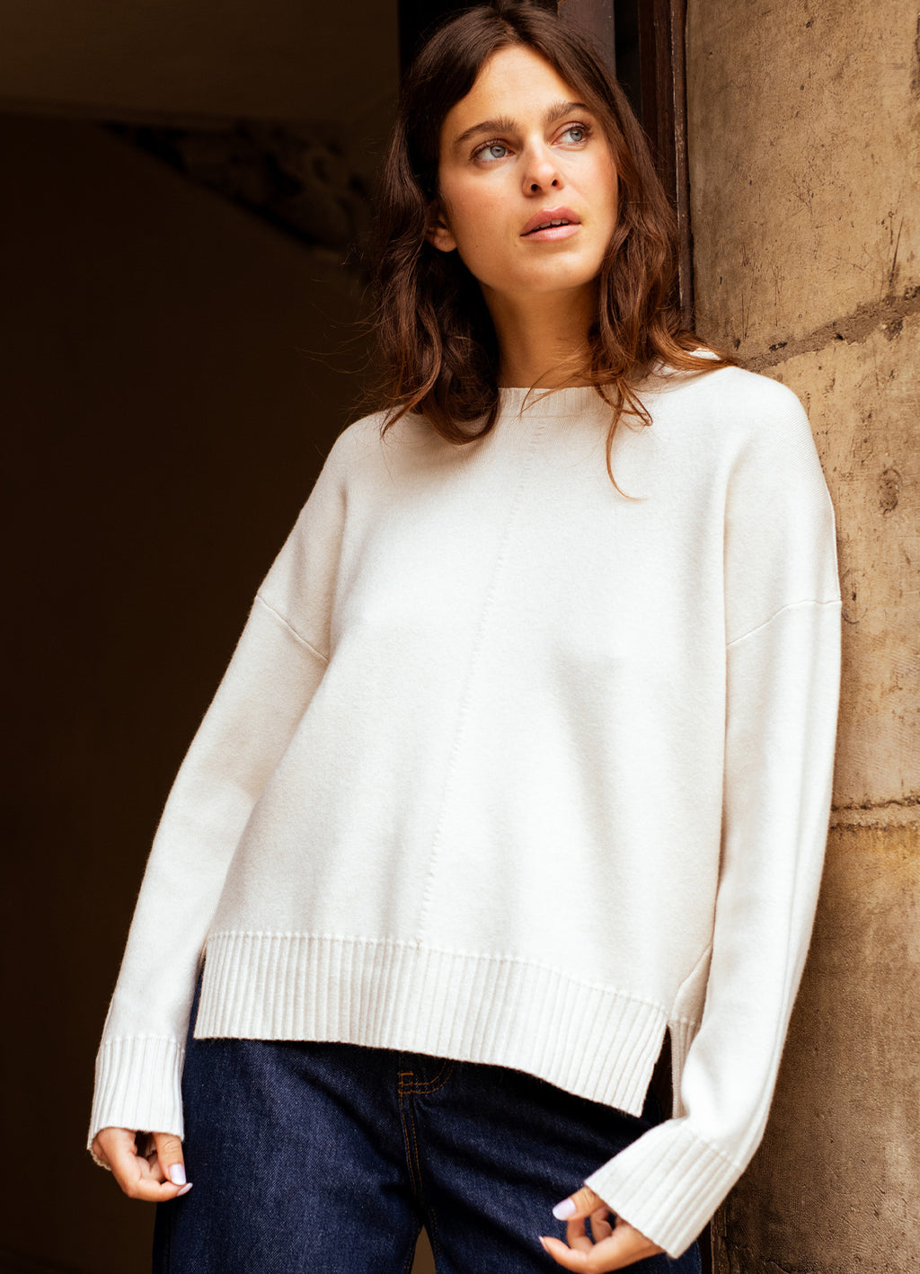 Pull Col Rond Avec Ligne Devant Milieu : Cream