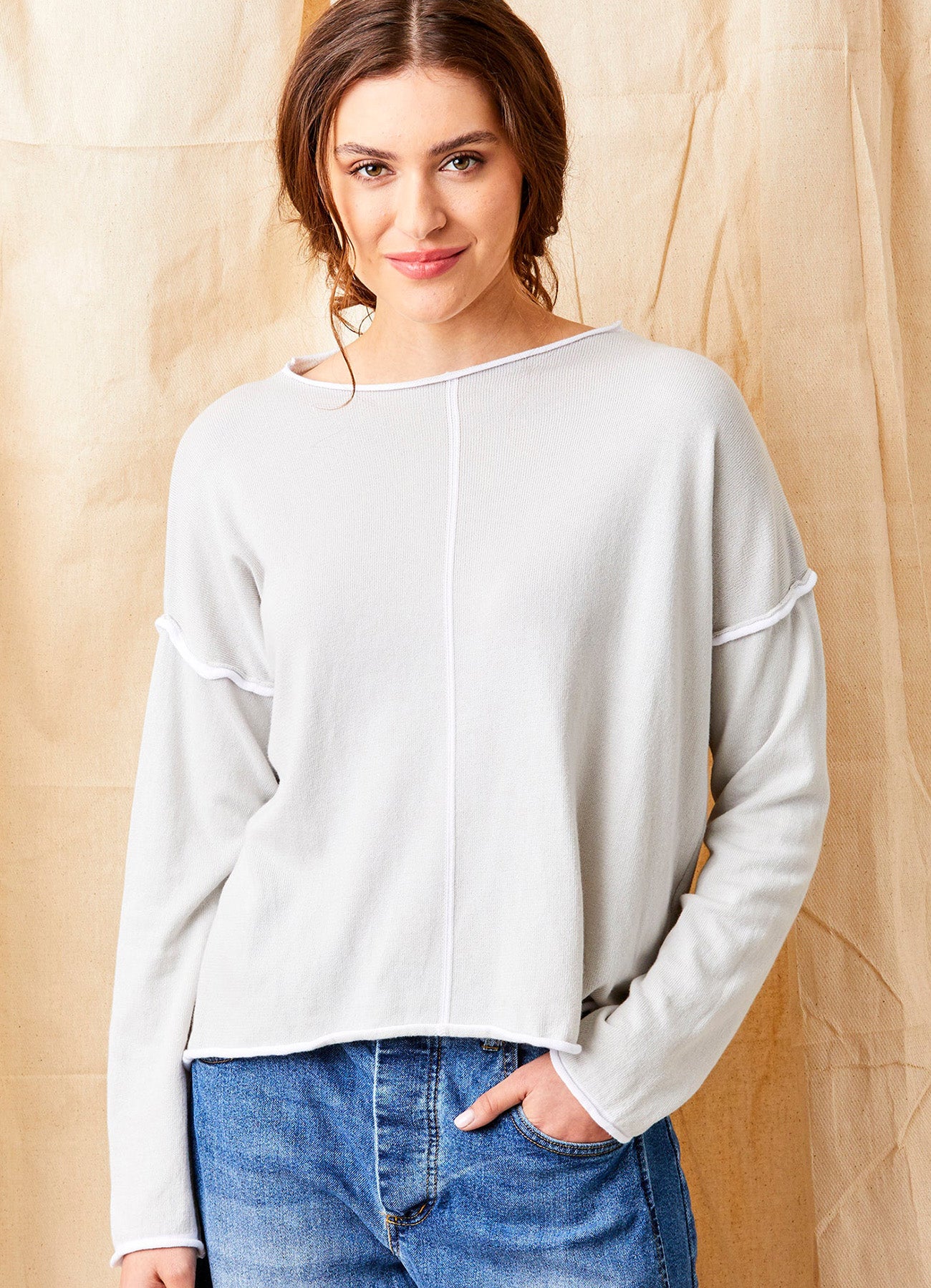 Wren Long Sleeve Knit With Trim : Light Grey