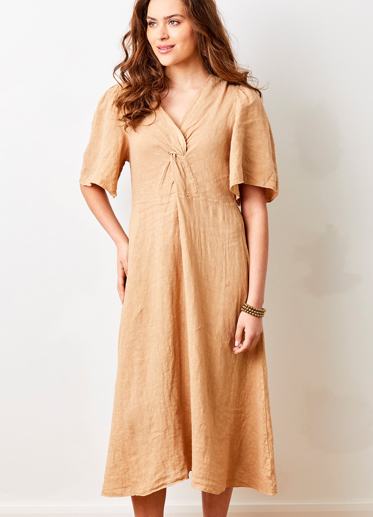 Liora Linen V-Neck Wide Sleeve Dress : Acorn