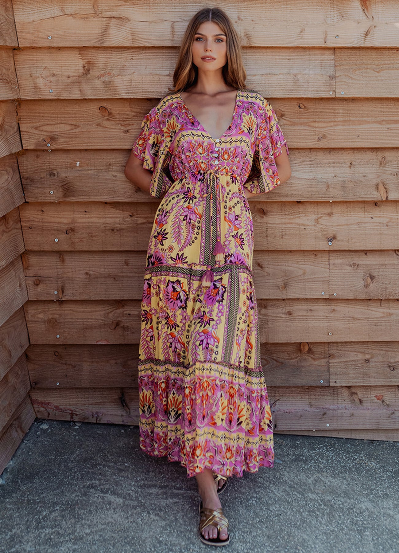 Long Dress Short Sleeves : Yellow