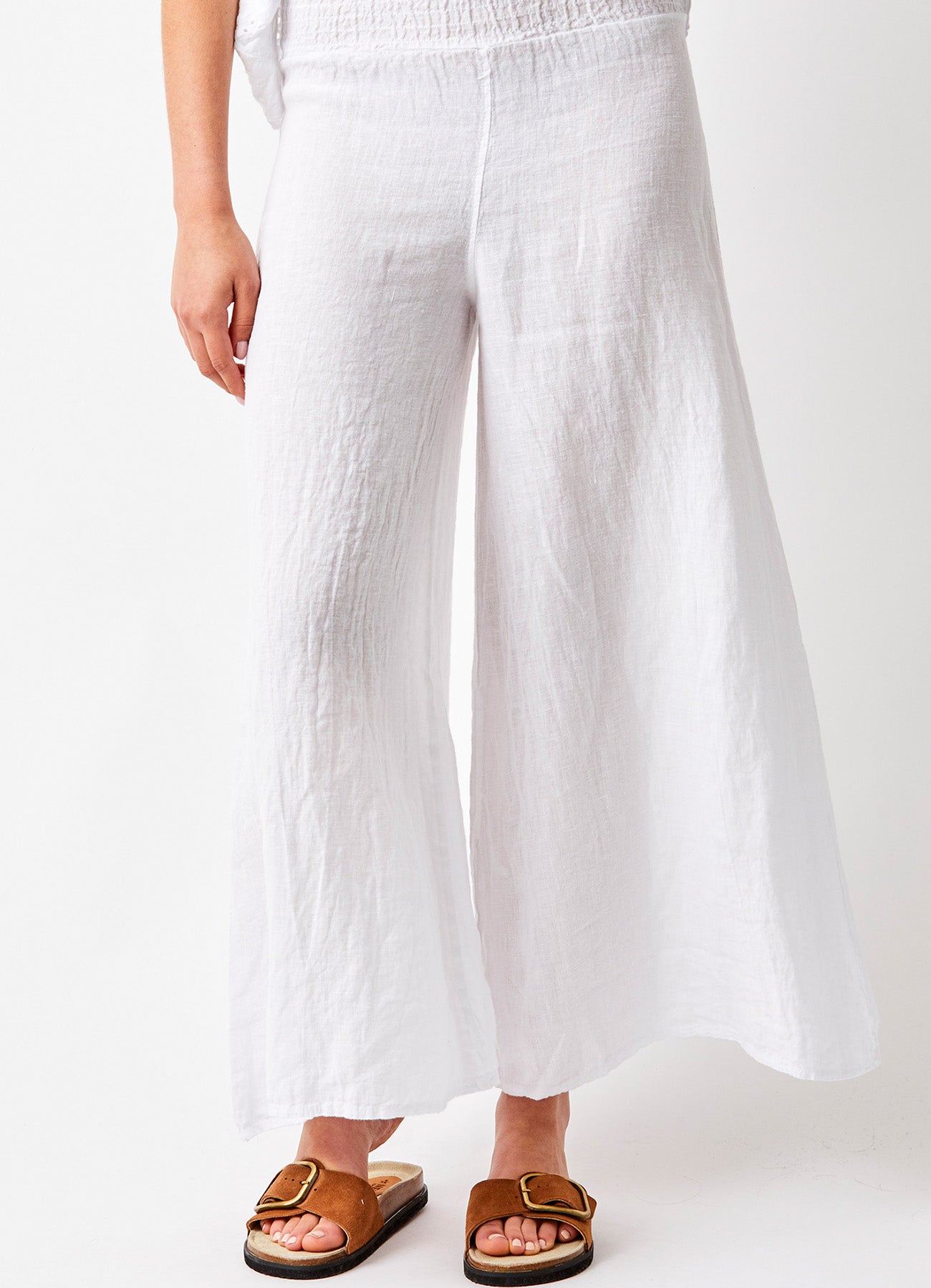 Seraphina Linen Wide Pants With Shirred Waistband : White