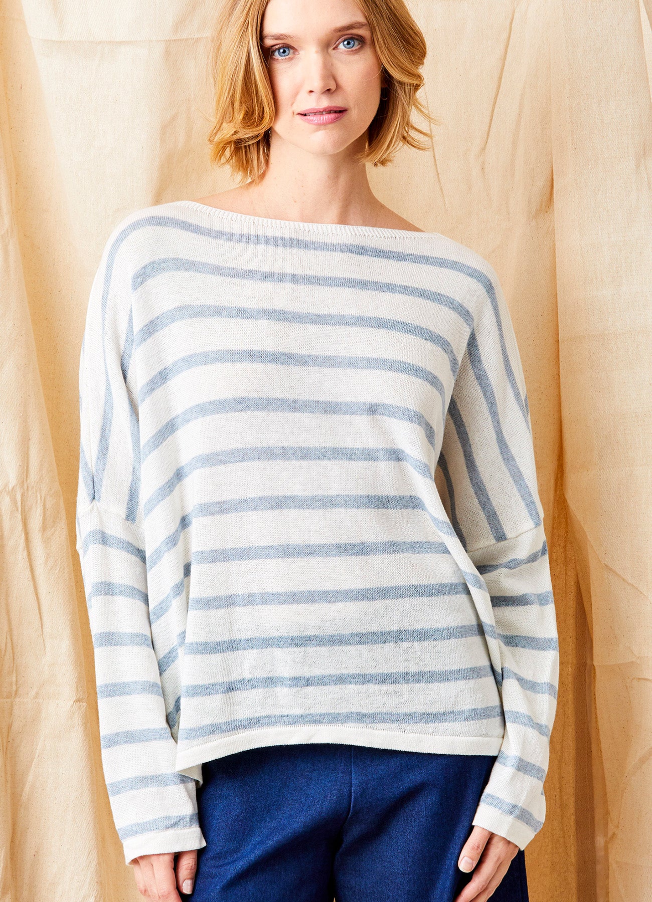 Fayola Oversize Stripe Hi Lo Hem Knit : Ivory/Chambray Blue