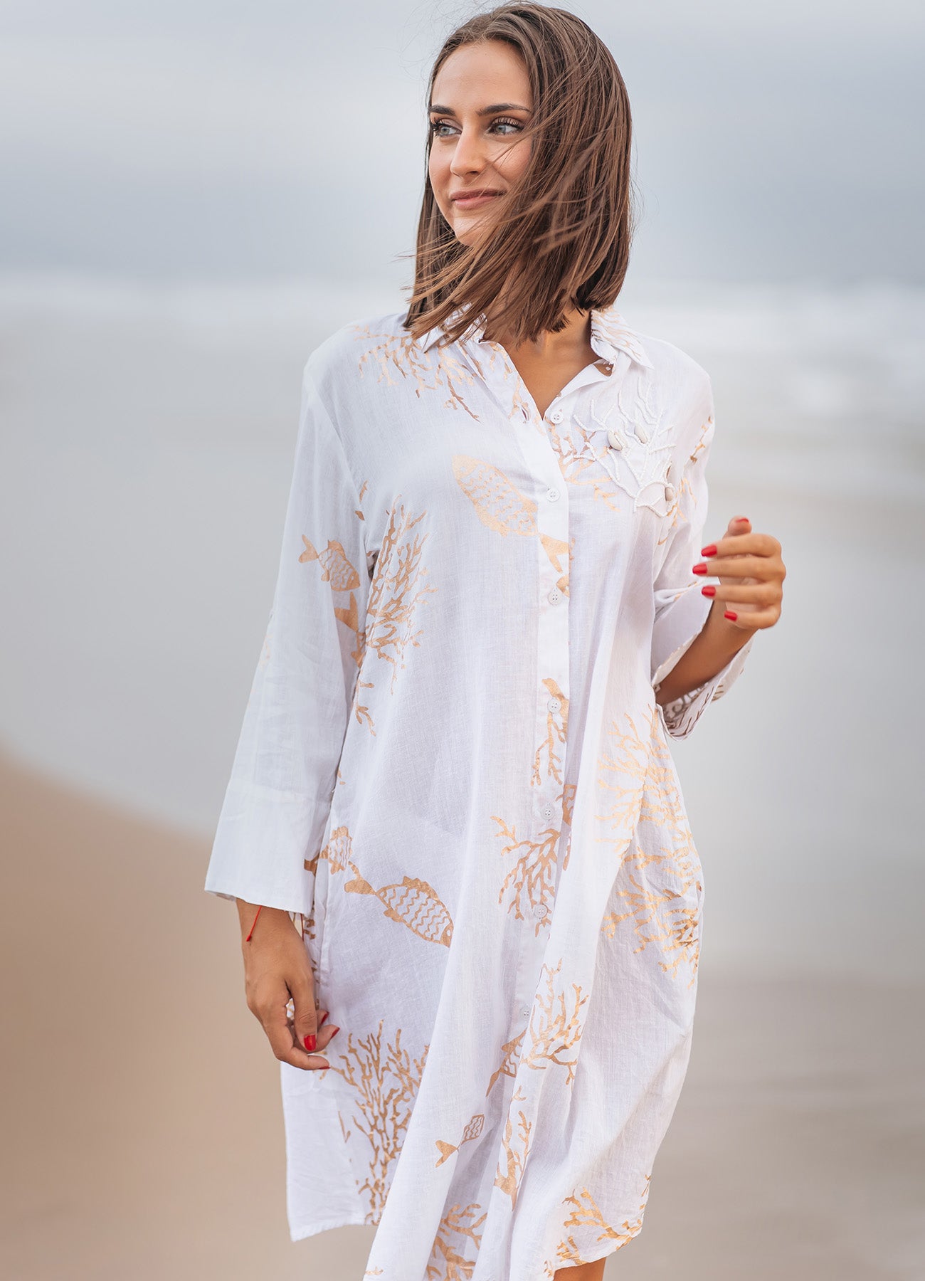 Shirt Dress : White/Beige