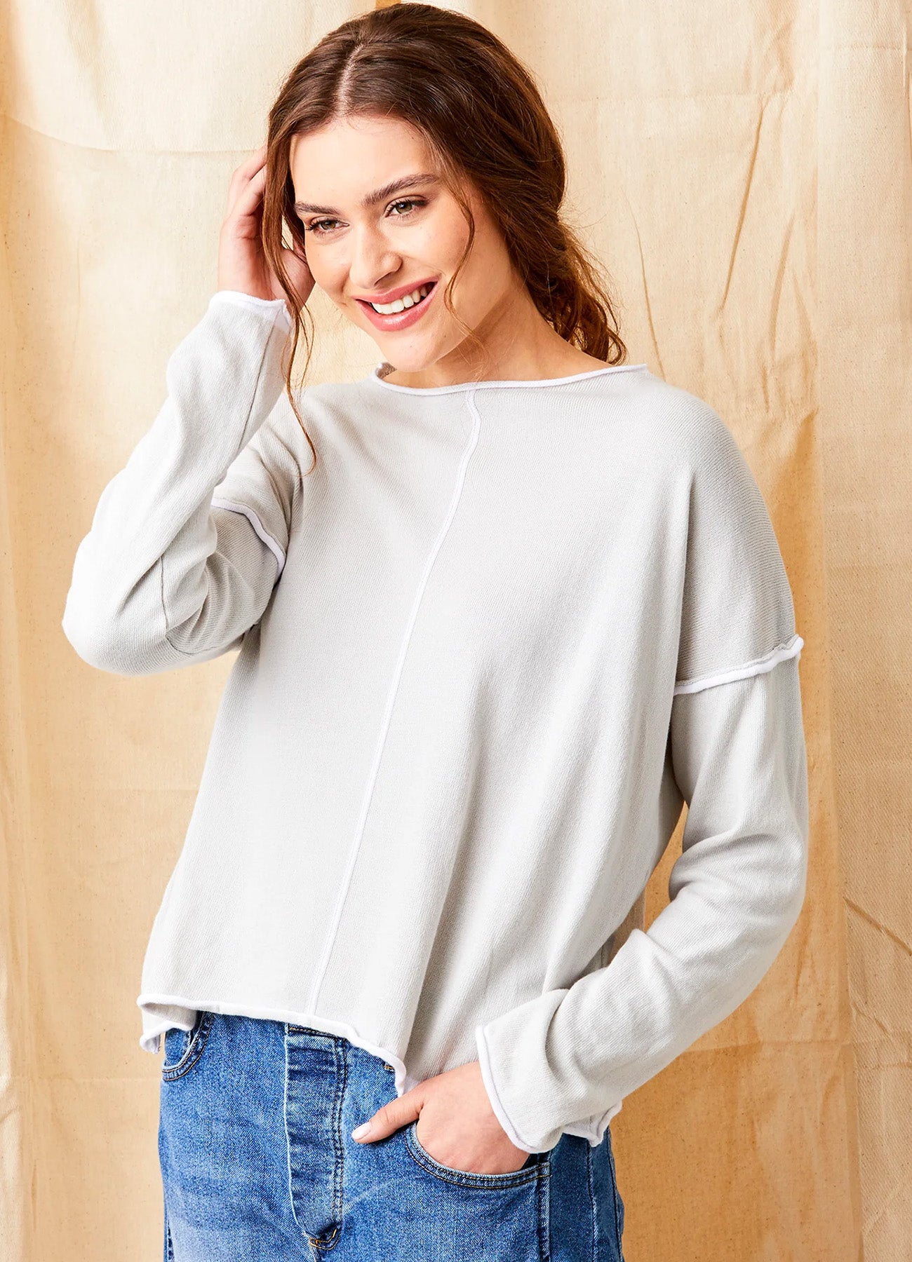 Wren Long Sleeve Knit With Trim : Light Grey