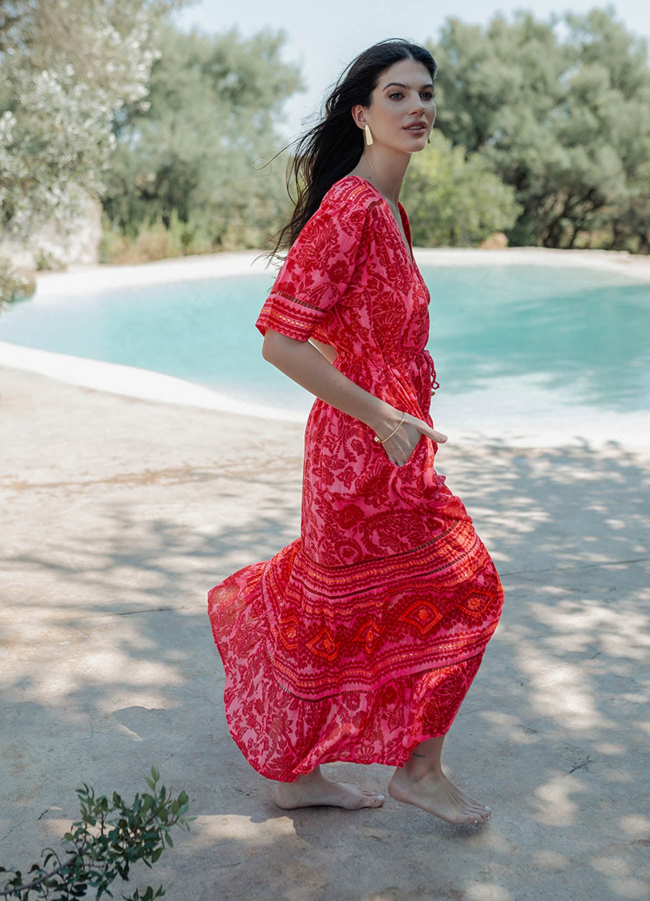 Short Sleeves Long Dress : Fucxia