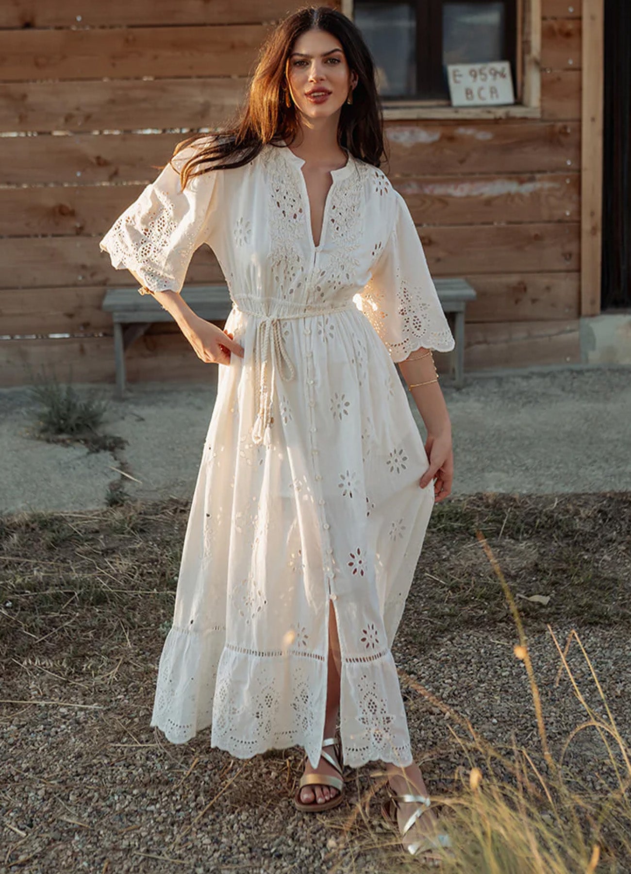 Long Dress Short Sleeves : White