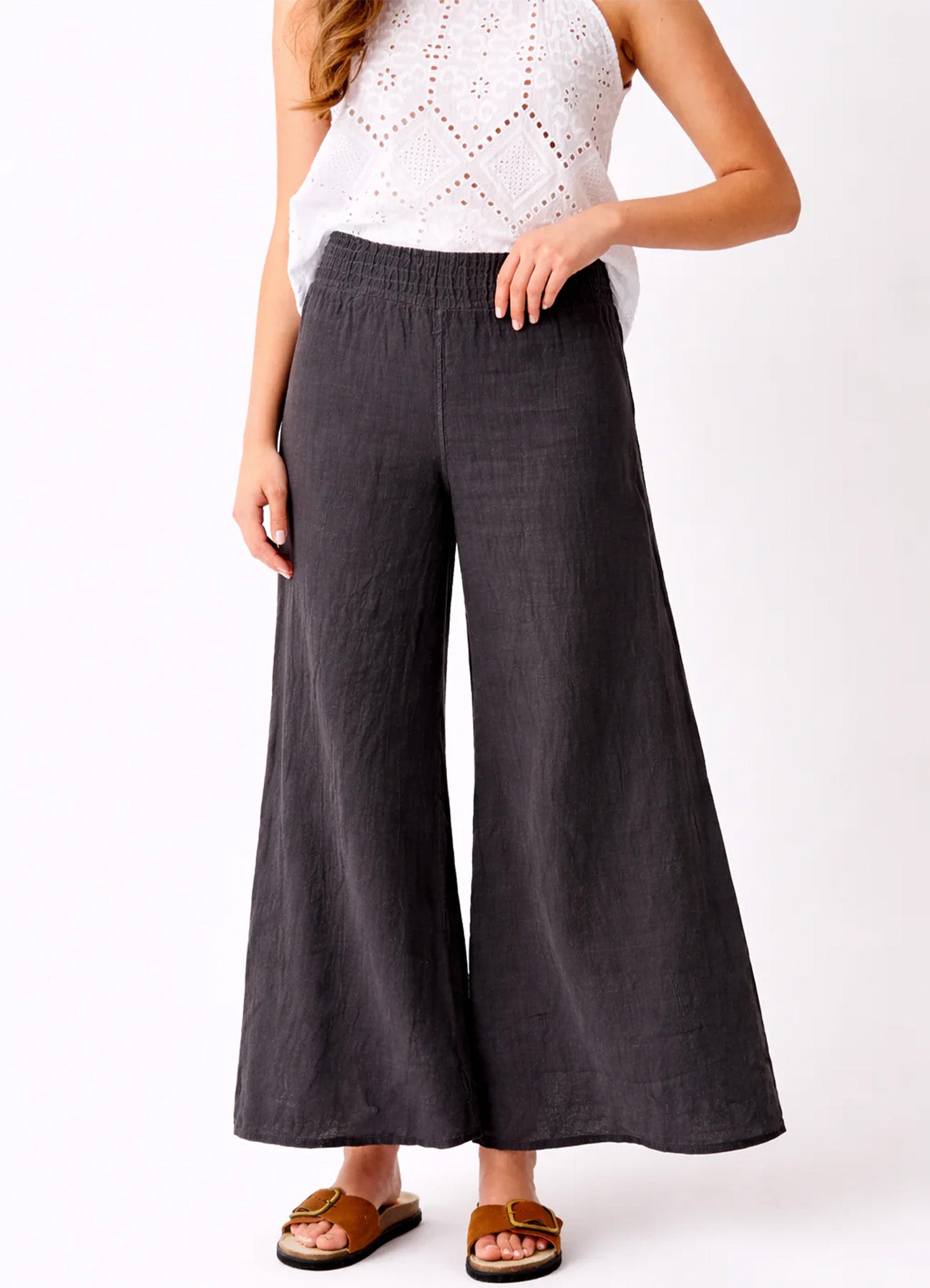 Seraphina Linen Wide Pants With Shirred Waistband : Antracite