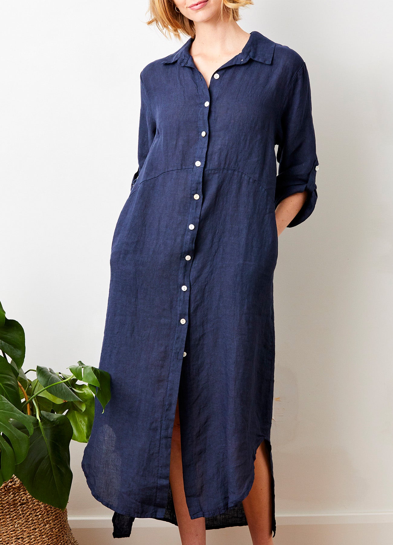 Larino Linen Long Button Thru Dress : Navy