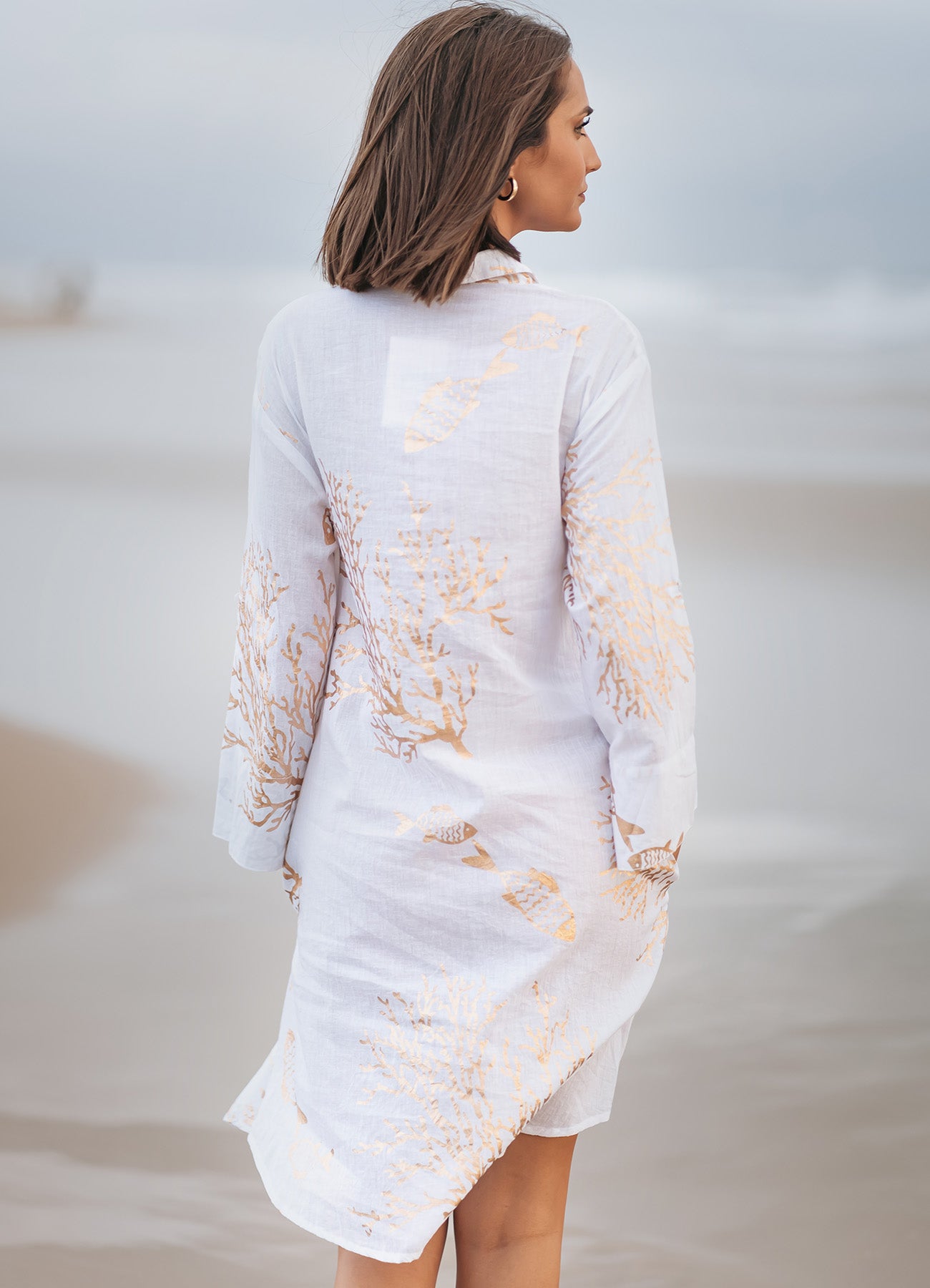 Shirt Dress : White/Beige