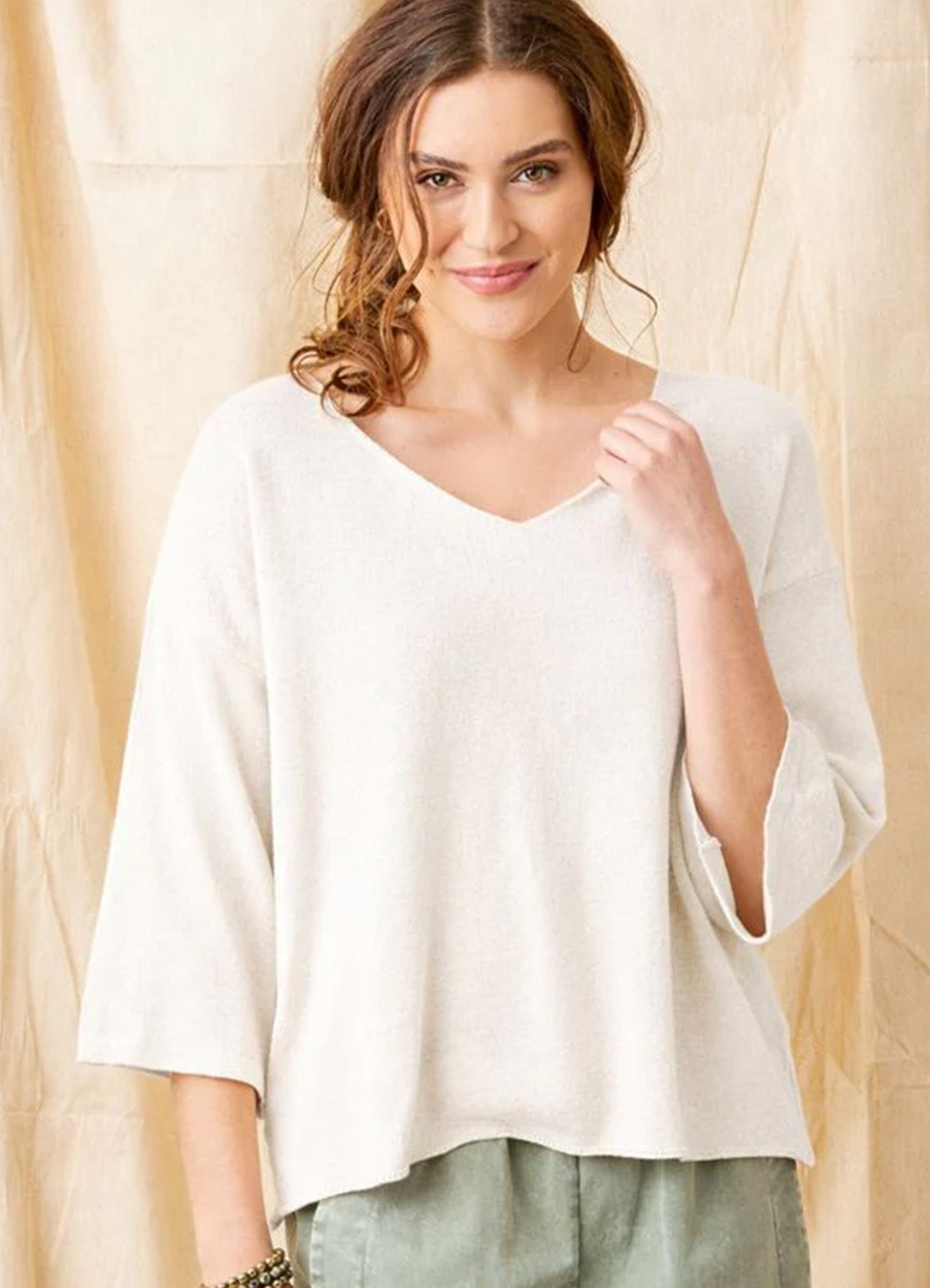 Fiorenza V Neck Sweater With Wide Sleeves : Ivory