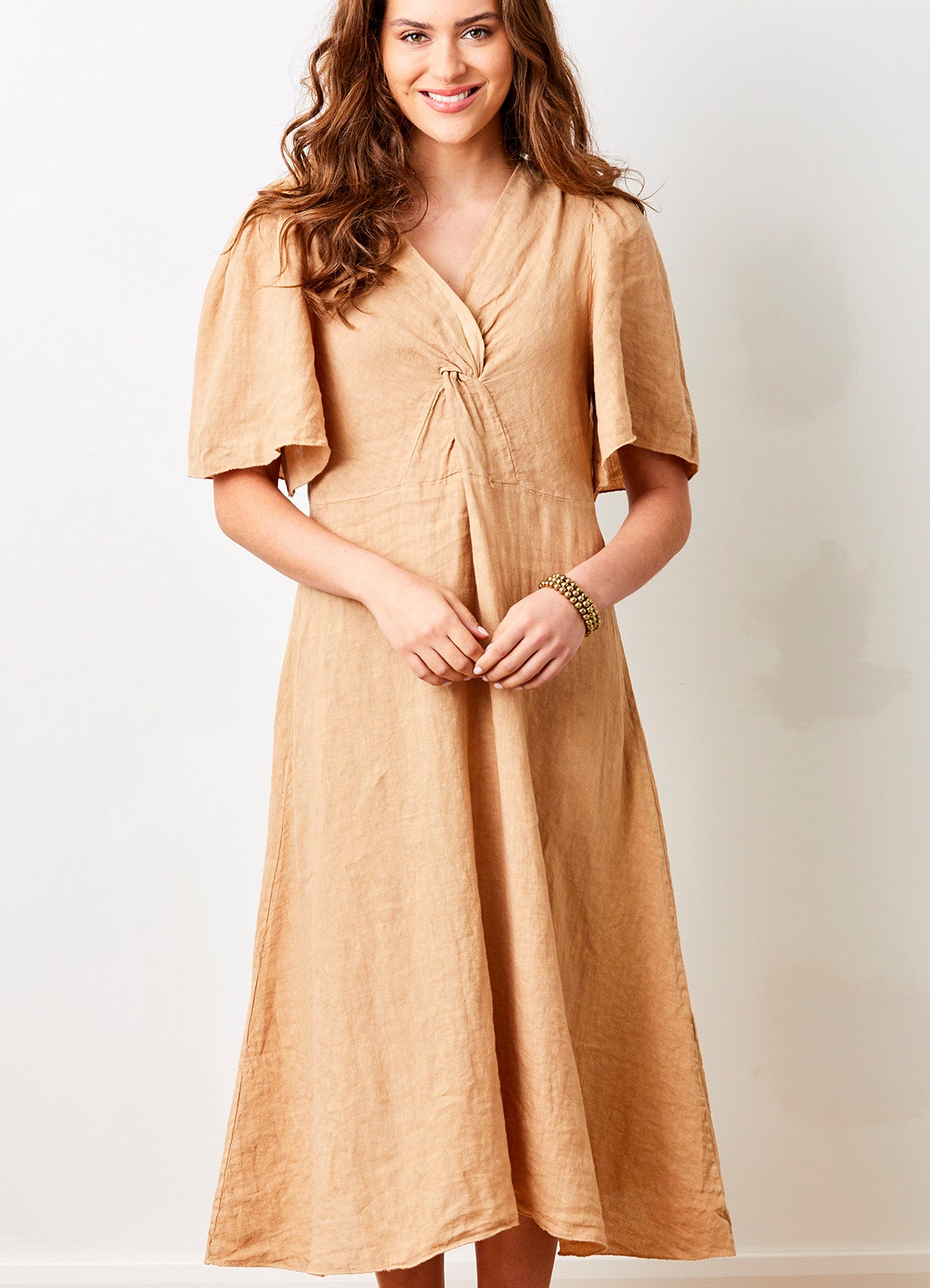 Liora Linen V-Neck Wide Sleeve Dress : Acorn