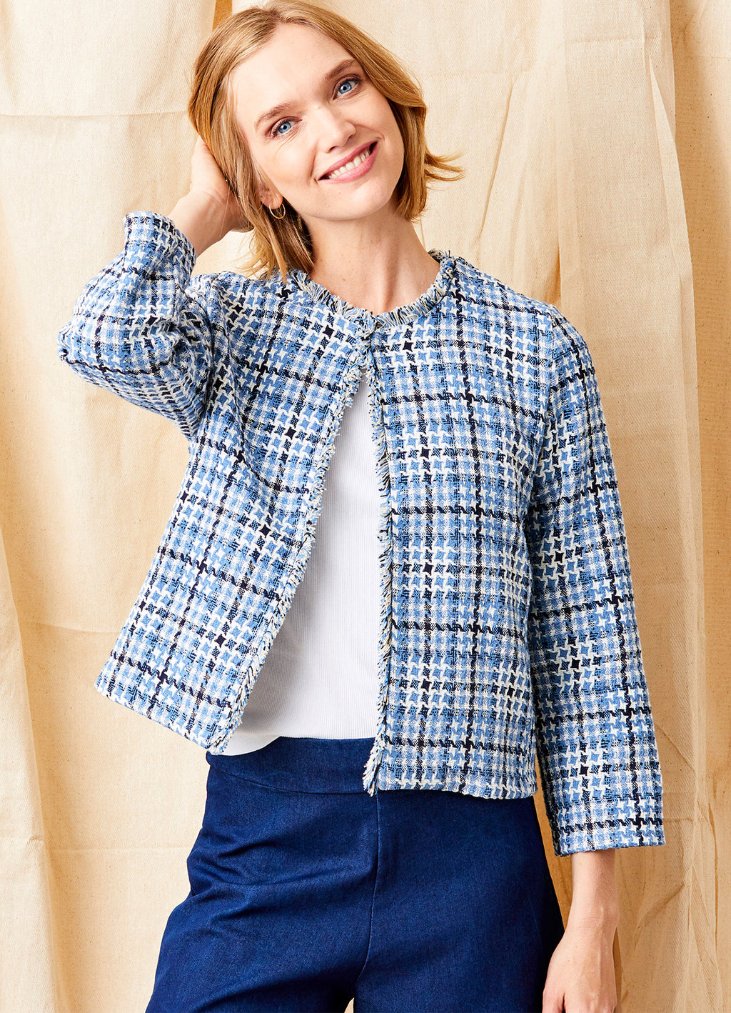 Jorge Short Frayed Trim Jacket : Blue Mix
