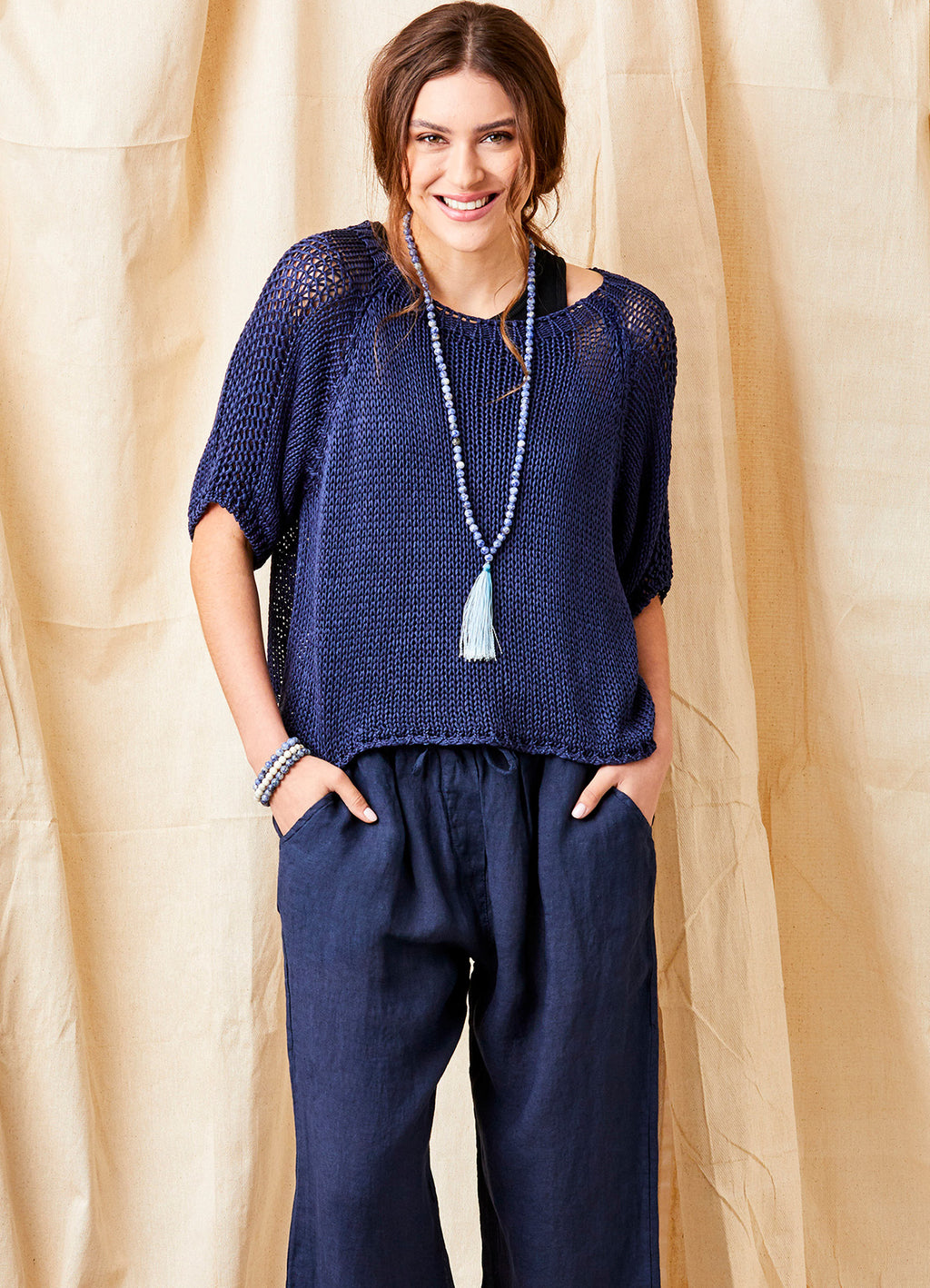 Lauren Drawstring Linen Palazzos : Navy