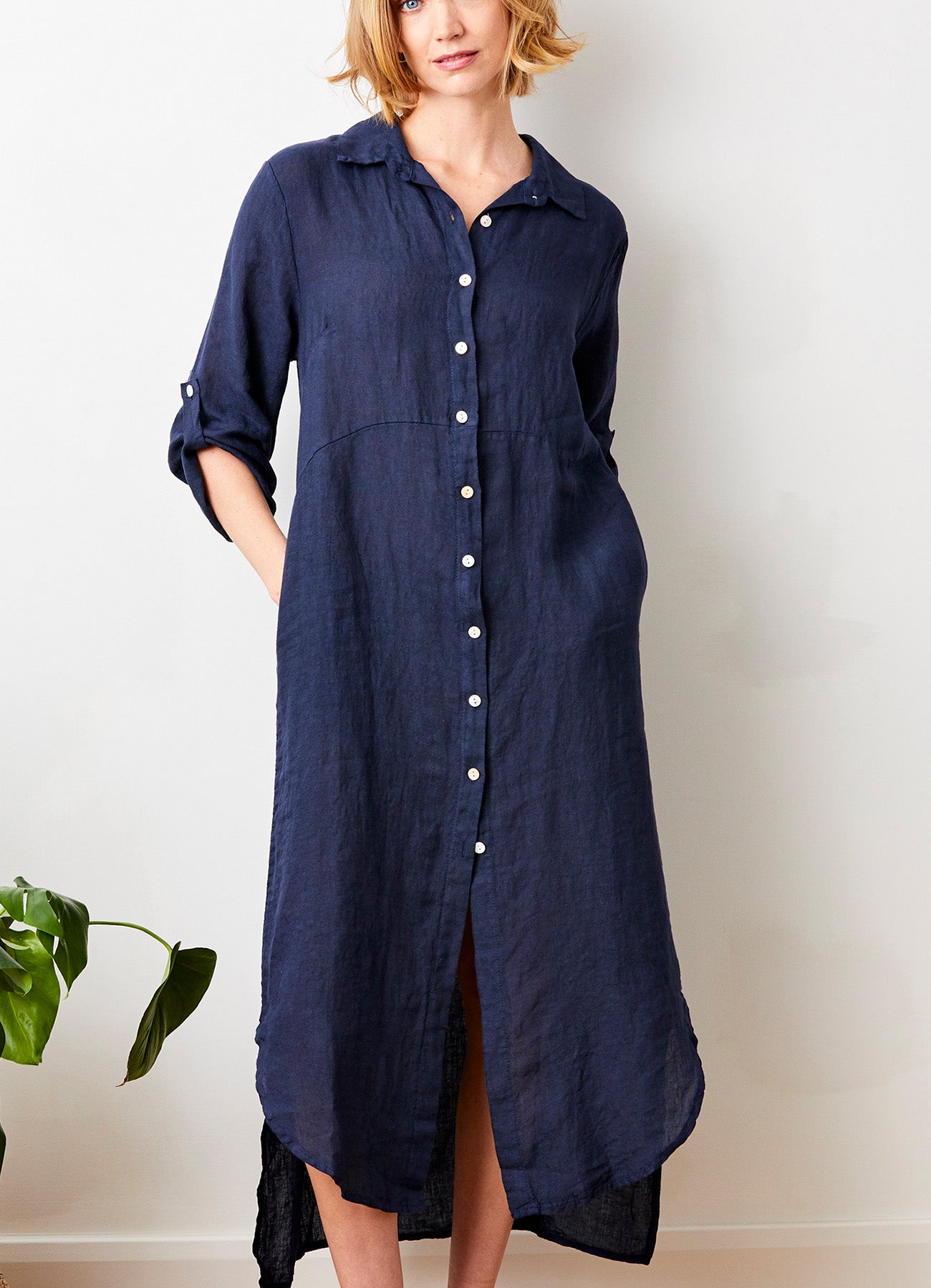 Larino Linen Long Button Thru Dress : Navy