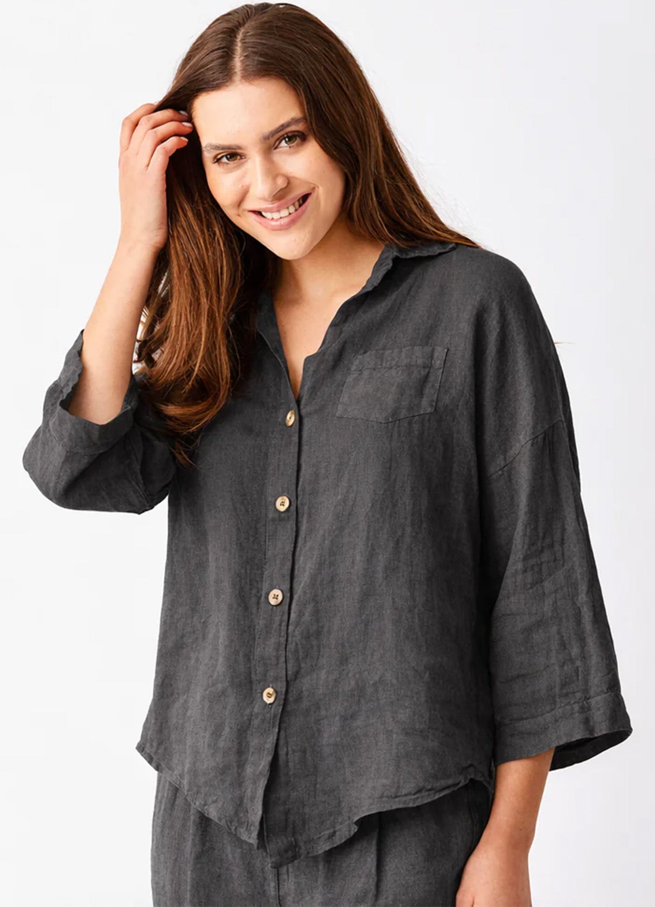 Sapphira Linen Shirt With Side Splits And Pocket : Anthracite