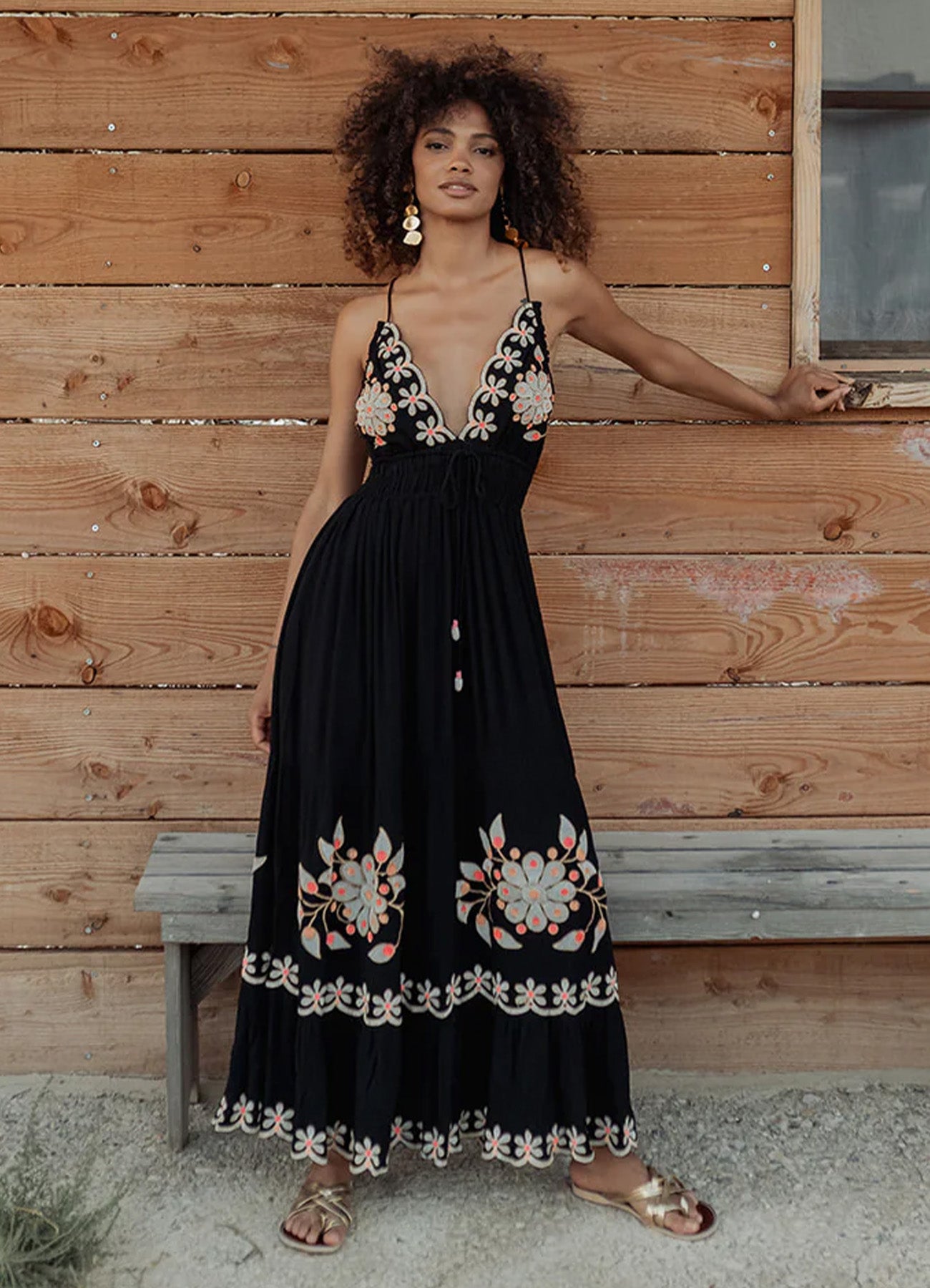 Embroidered Straps Long Dress : Black