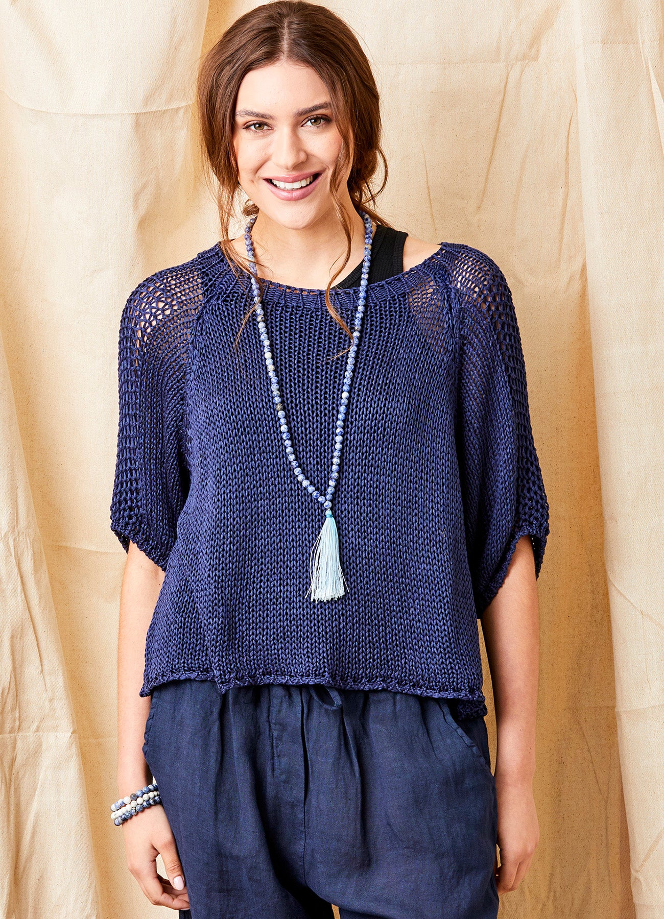 Jacky Cotton Crochet Knit Sweater : Navy