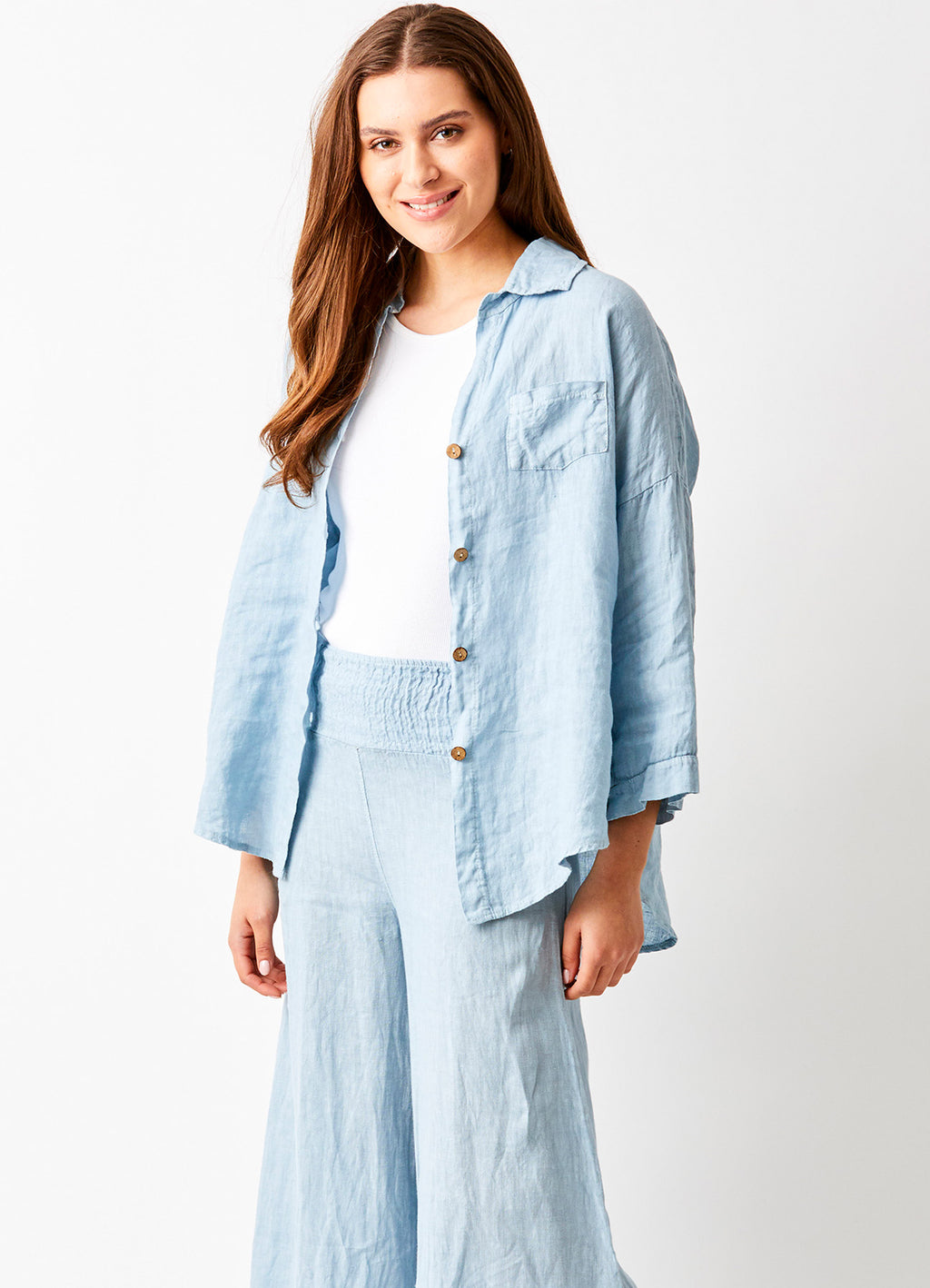 Seraphina Linen Wide Pants With Shirred Waistband : Cloud Blue