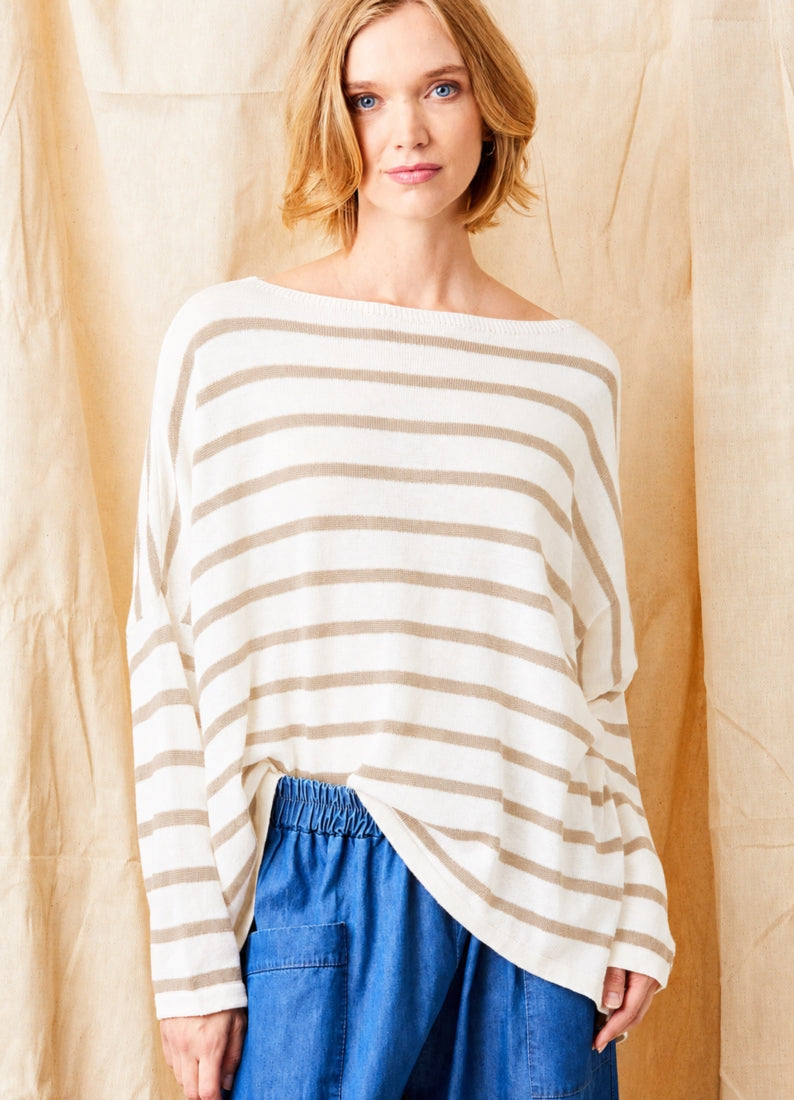 Fayola Oversize Stripe Hi Lo Hem Knit : Ivory/Beige