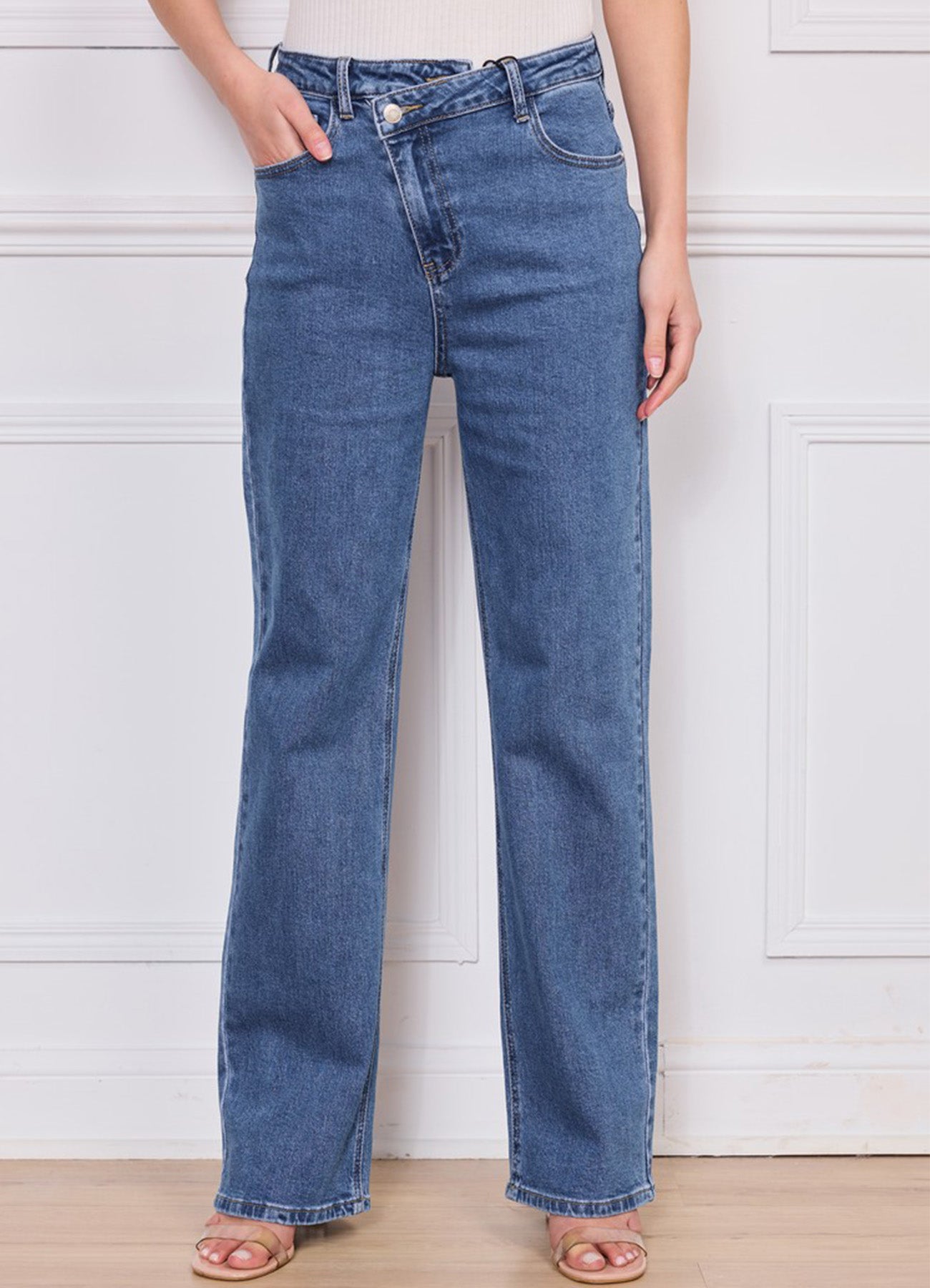 Jeans Droit Taille Asymtrique : Stone