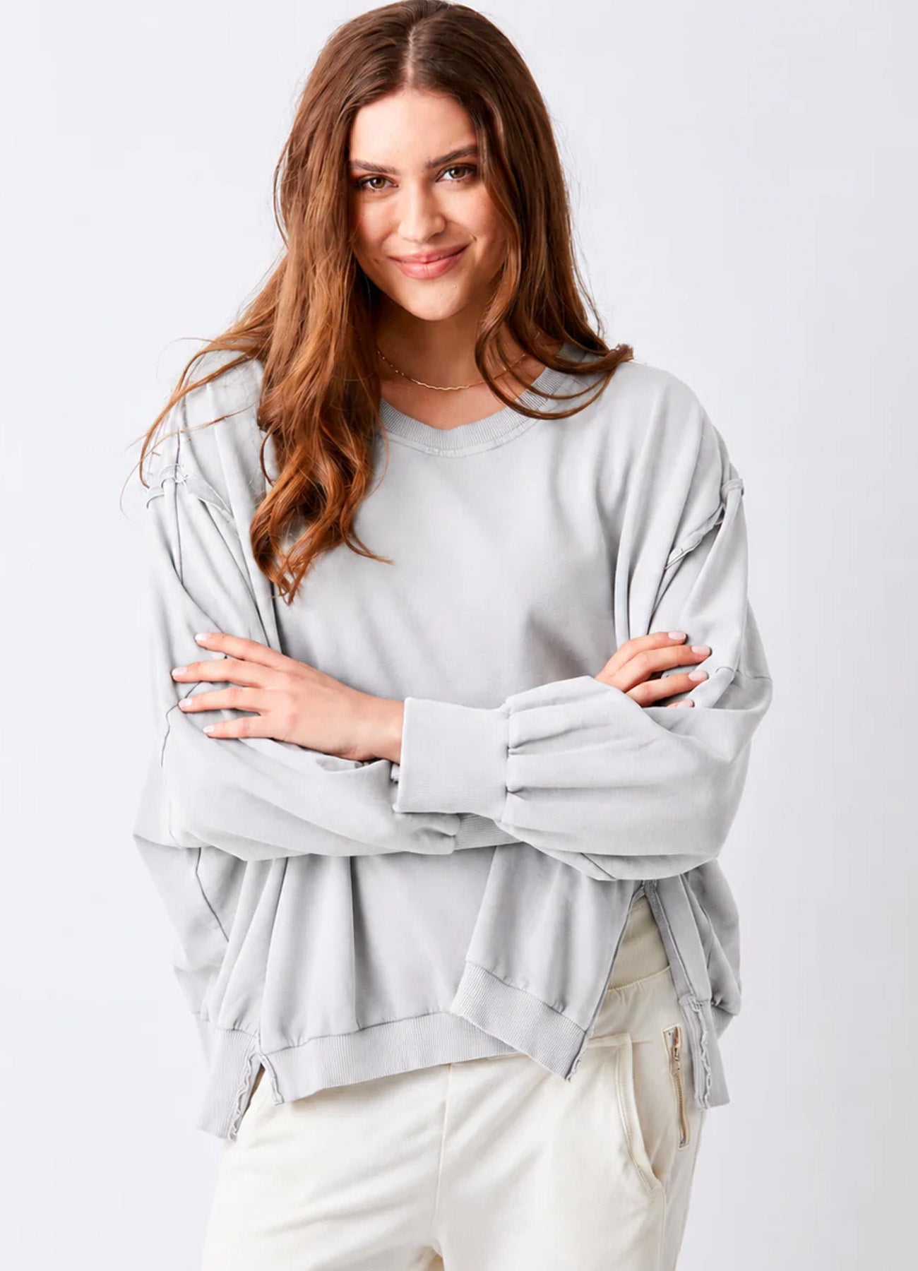Werugia Oversize Raw Edge Sweatshirt With Splits : Fossil Grey