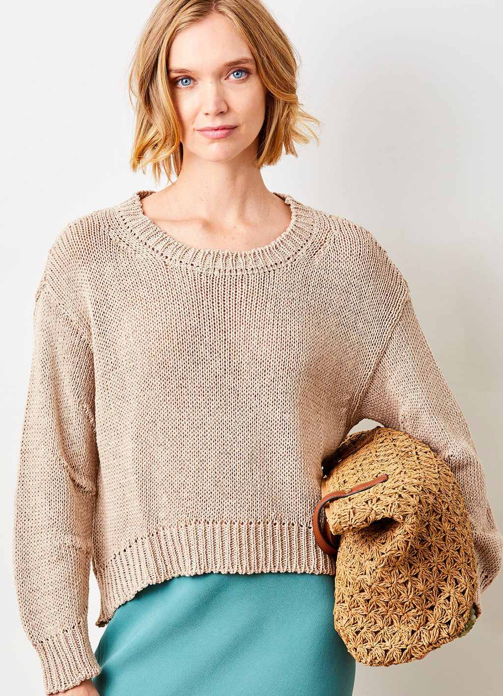 Wolfie Curved Hem Cotton Knit Sweater : Taupe