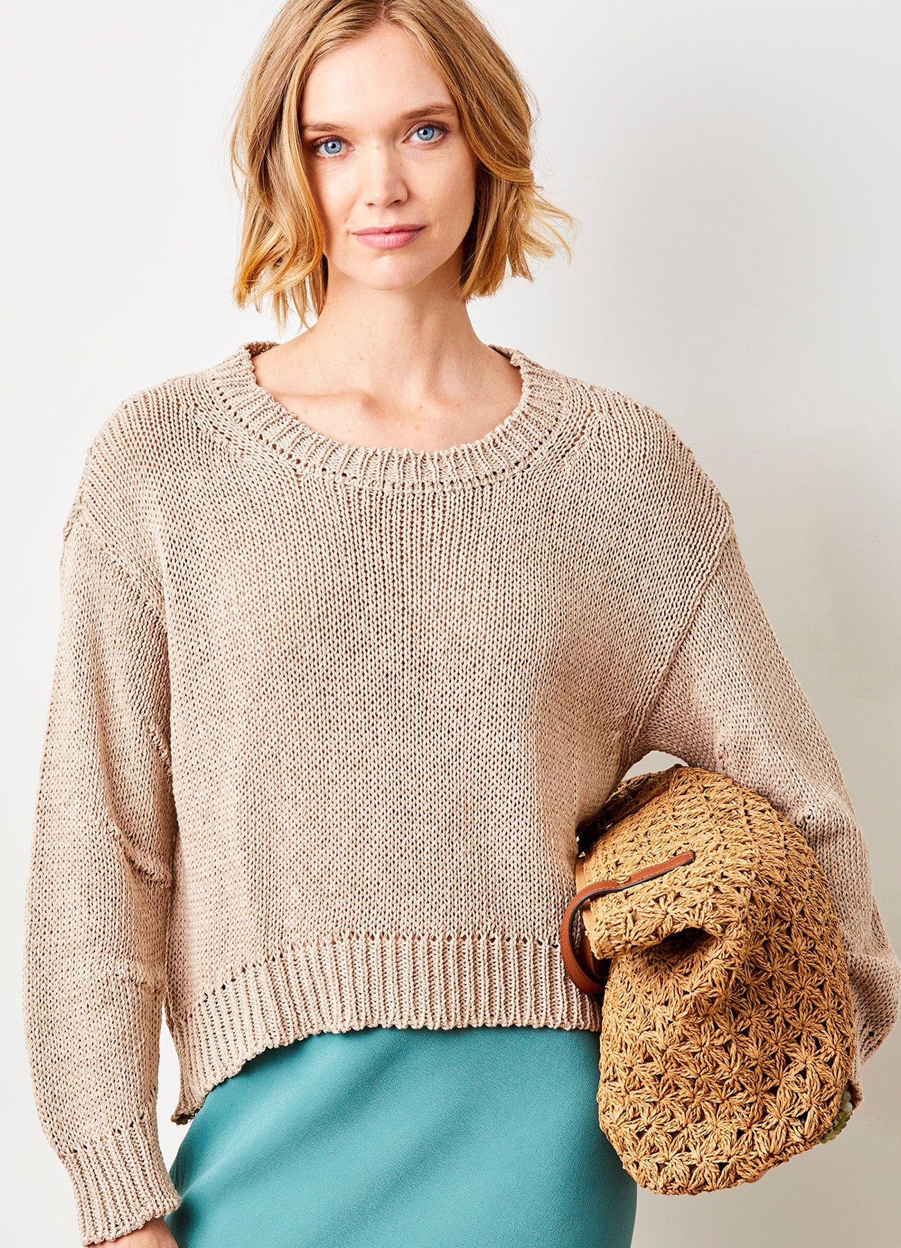 Wolfie Curved Hem Cotton Knit Sweater : Taupe