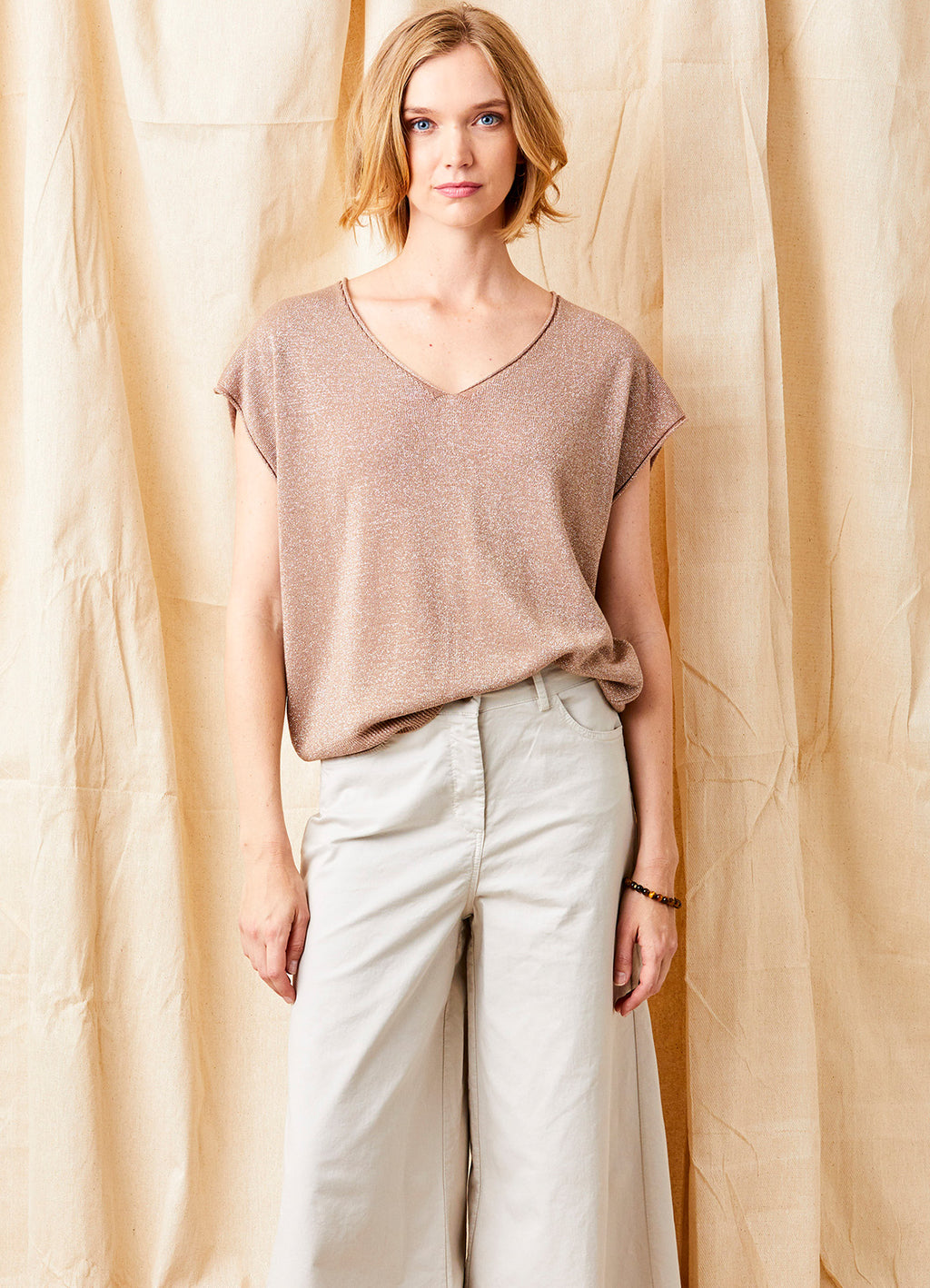 Brielle Stretch Cotton Extra Wide Leg Pants : Beige