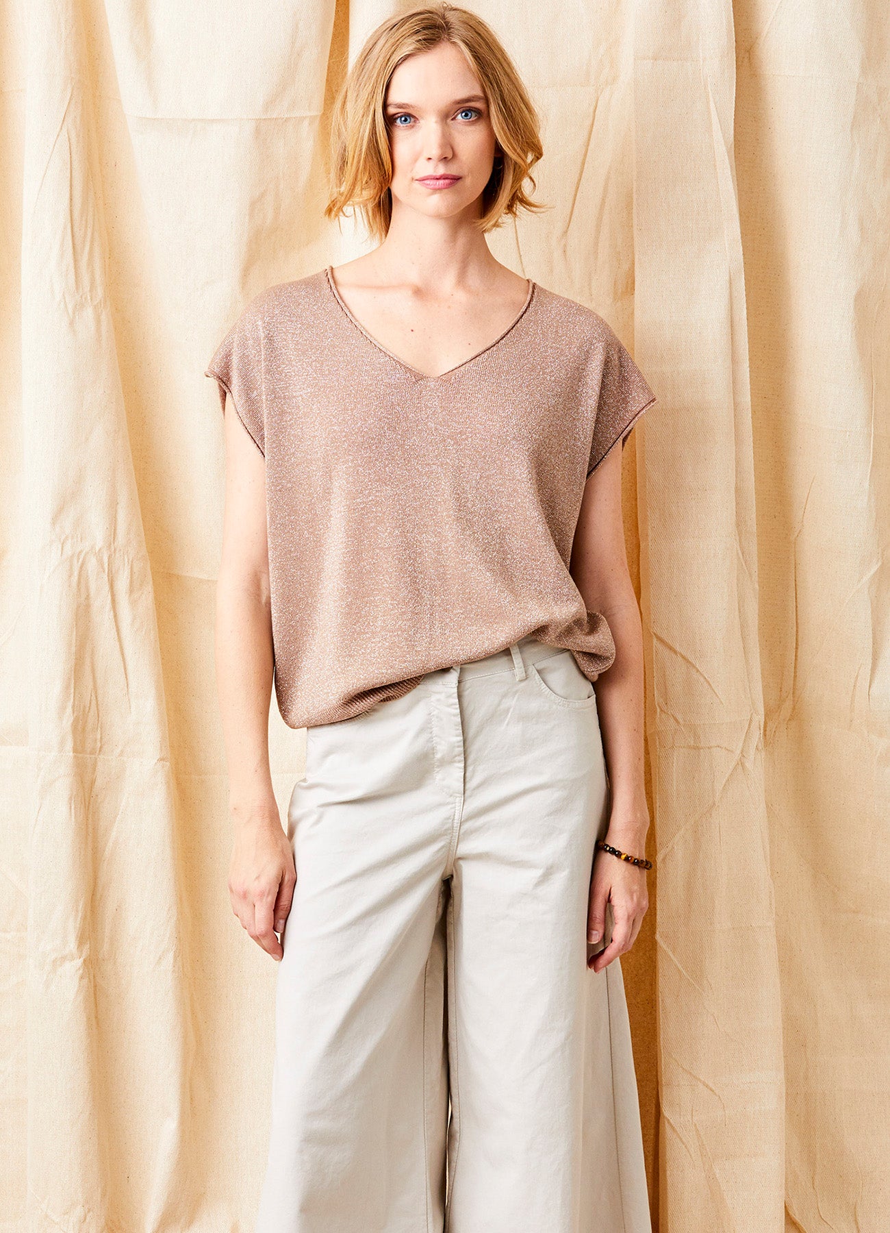 Brielle Stretch Cotton Extra Wide Leg Pants : Beige