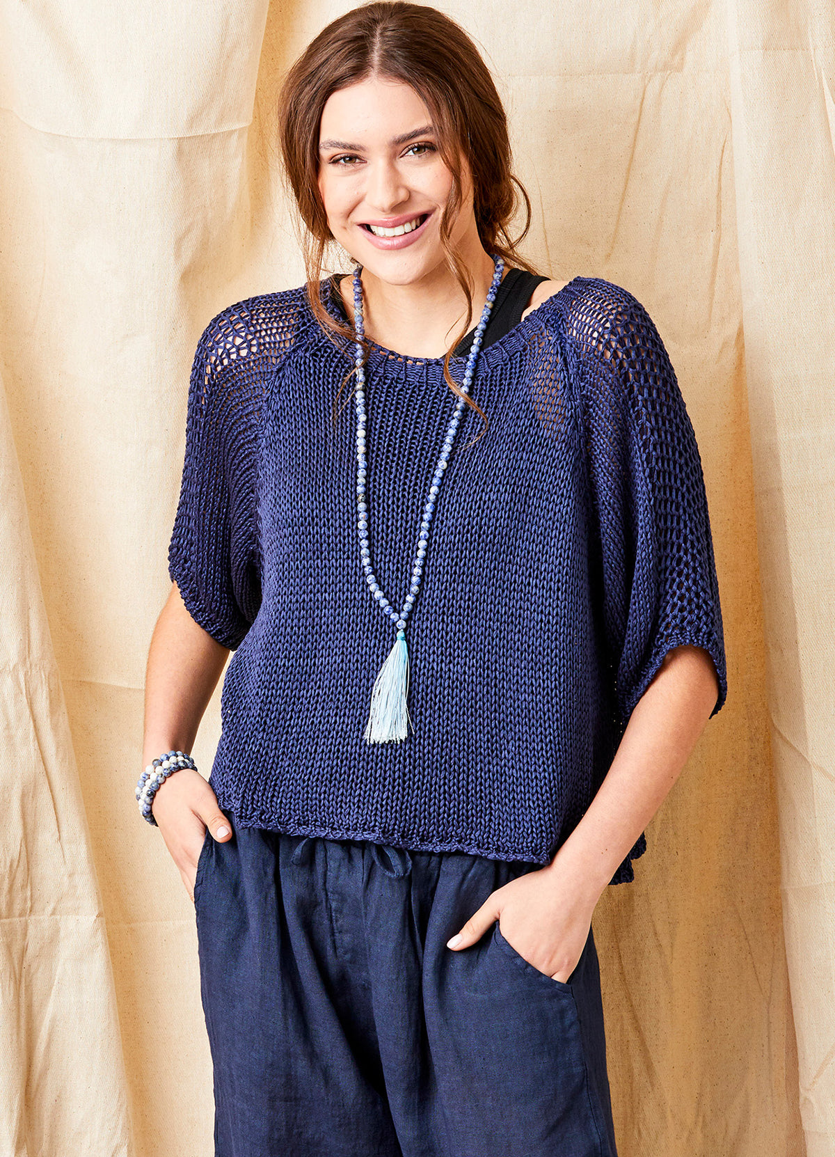Jacky Cotton Crochet Knit Sweater : Navy