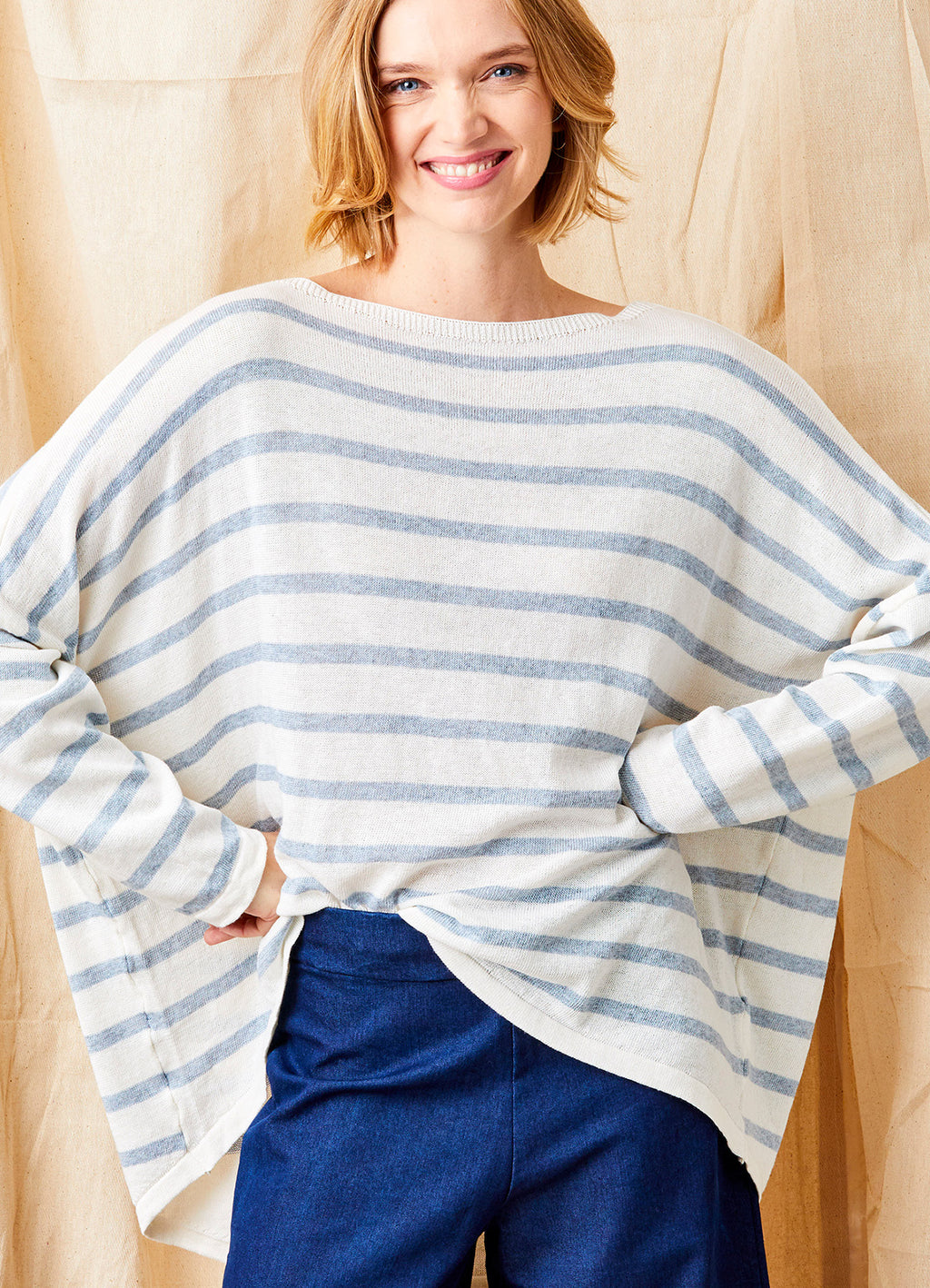 Fayola Oversize Stripe Hi Lo Hem Knit : Ivory/Chambray Blue